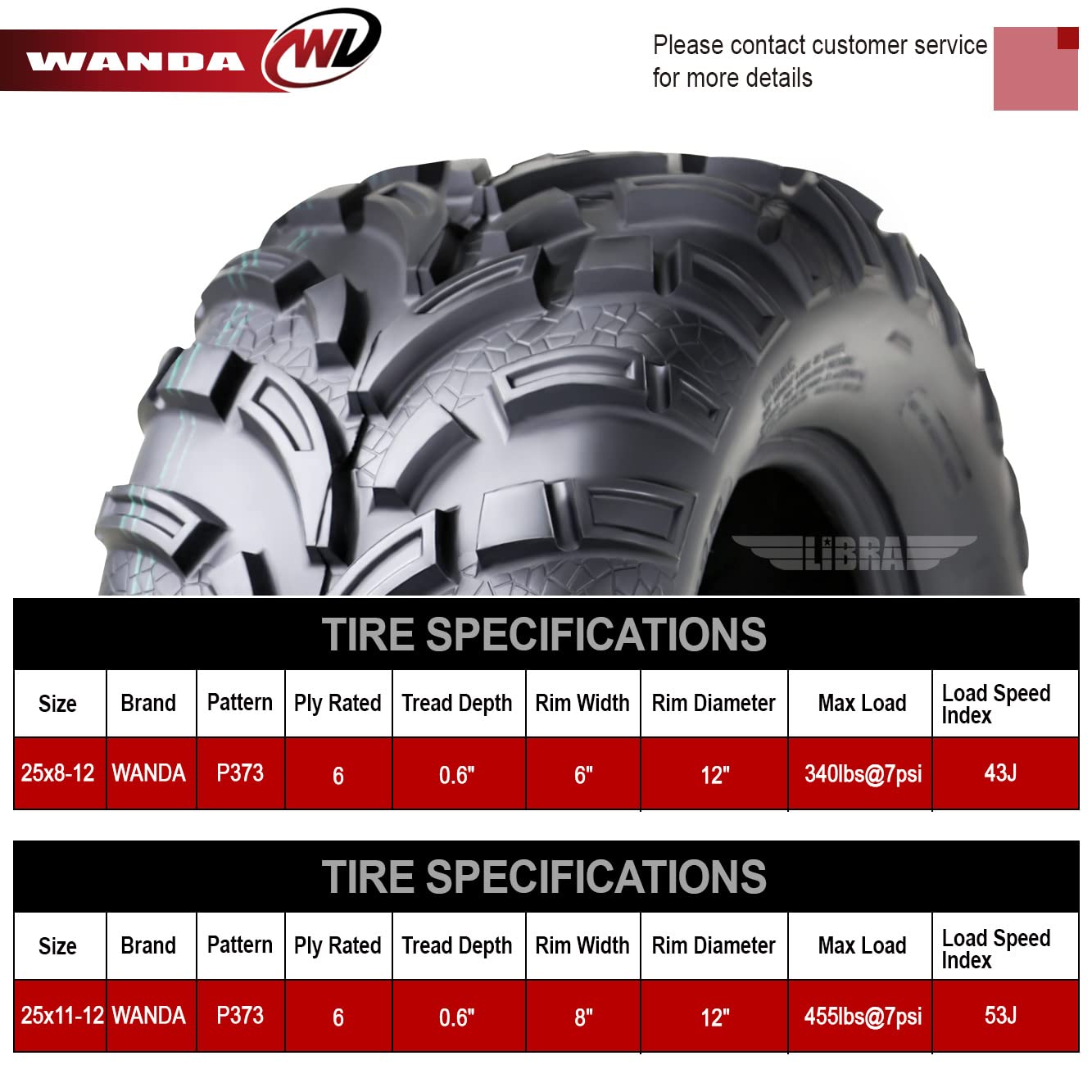 Wanda Set Of 6 Atv Utv Tires (2) 25X8-12 Front & (4) 25X11-12 Rear 6Pr