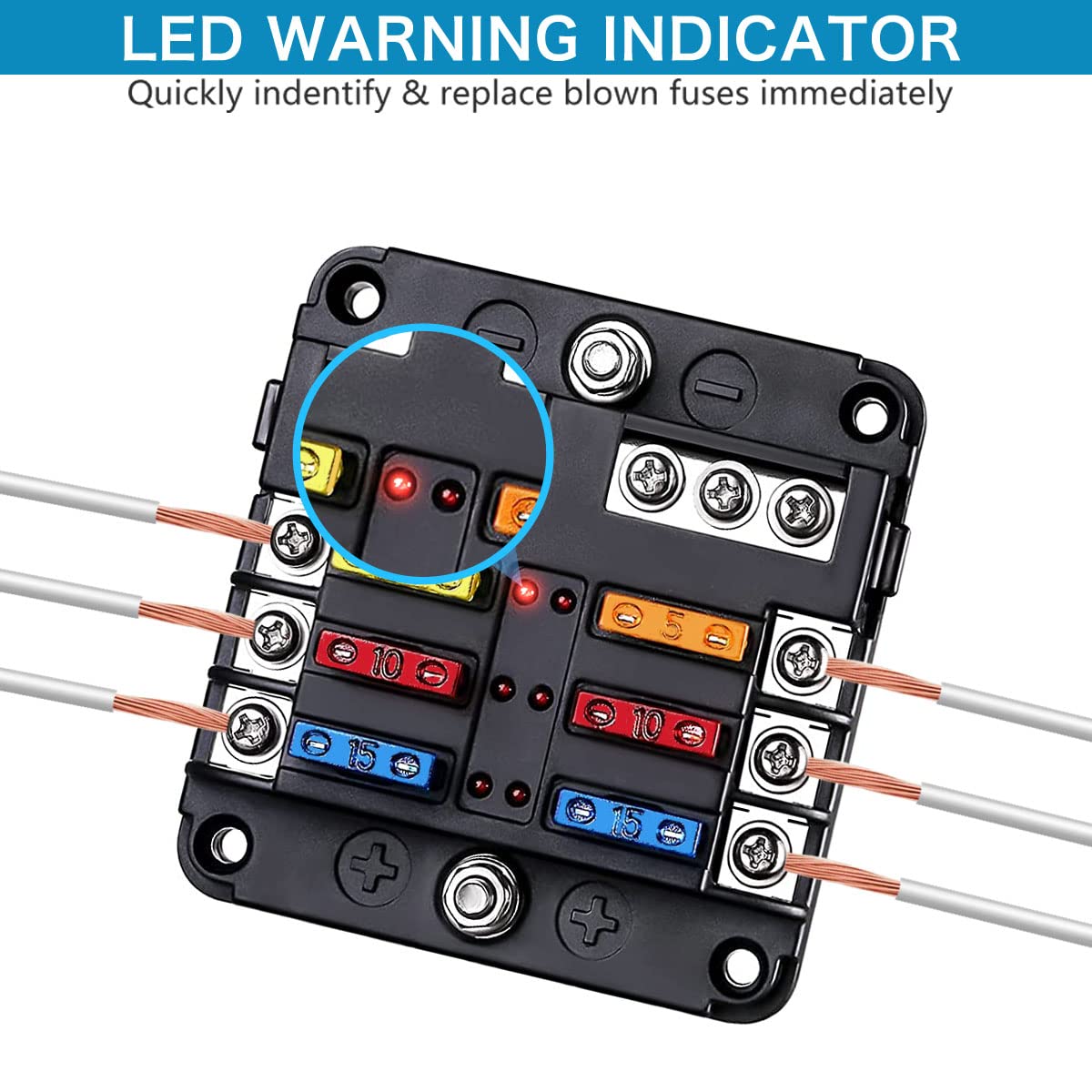 6 Way Fuse Block,12V Blade Fuse 6 Circuit Atc/Ato Waterproof Fuse Box Holder With Led Indicator Waterpoof Cover For 12V/24V Auto