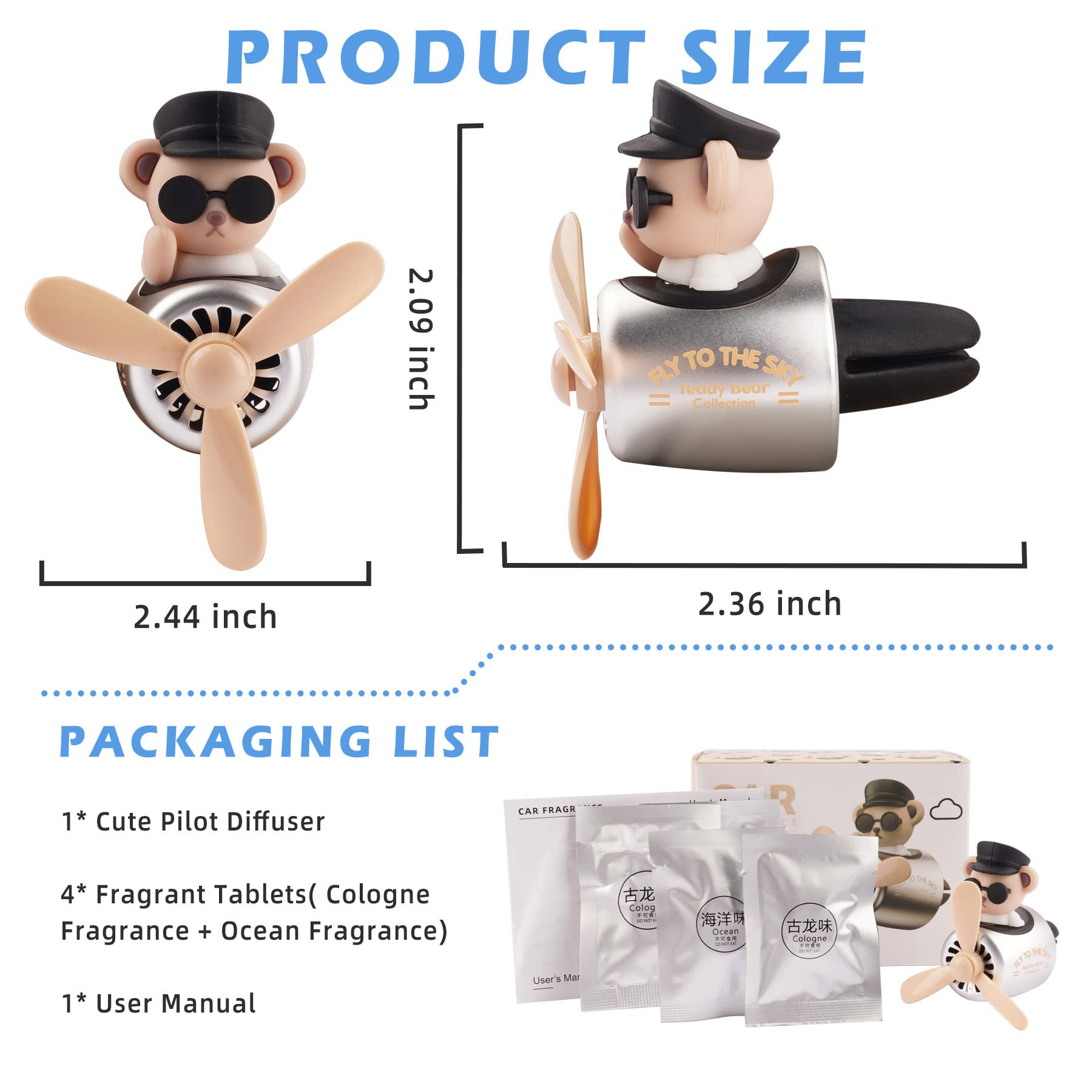 Jimtyee Car Air Freshener Cute Cartoon Teddy Bear Pilot Car Diffuser Rotating Propeller Automotive Air Outlet Fan Creative Car P