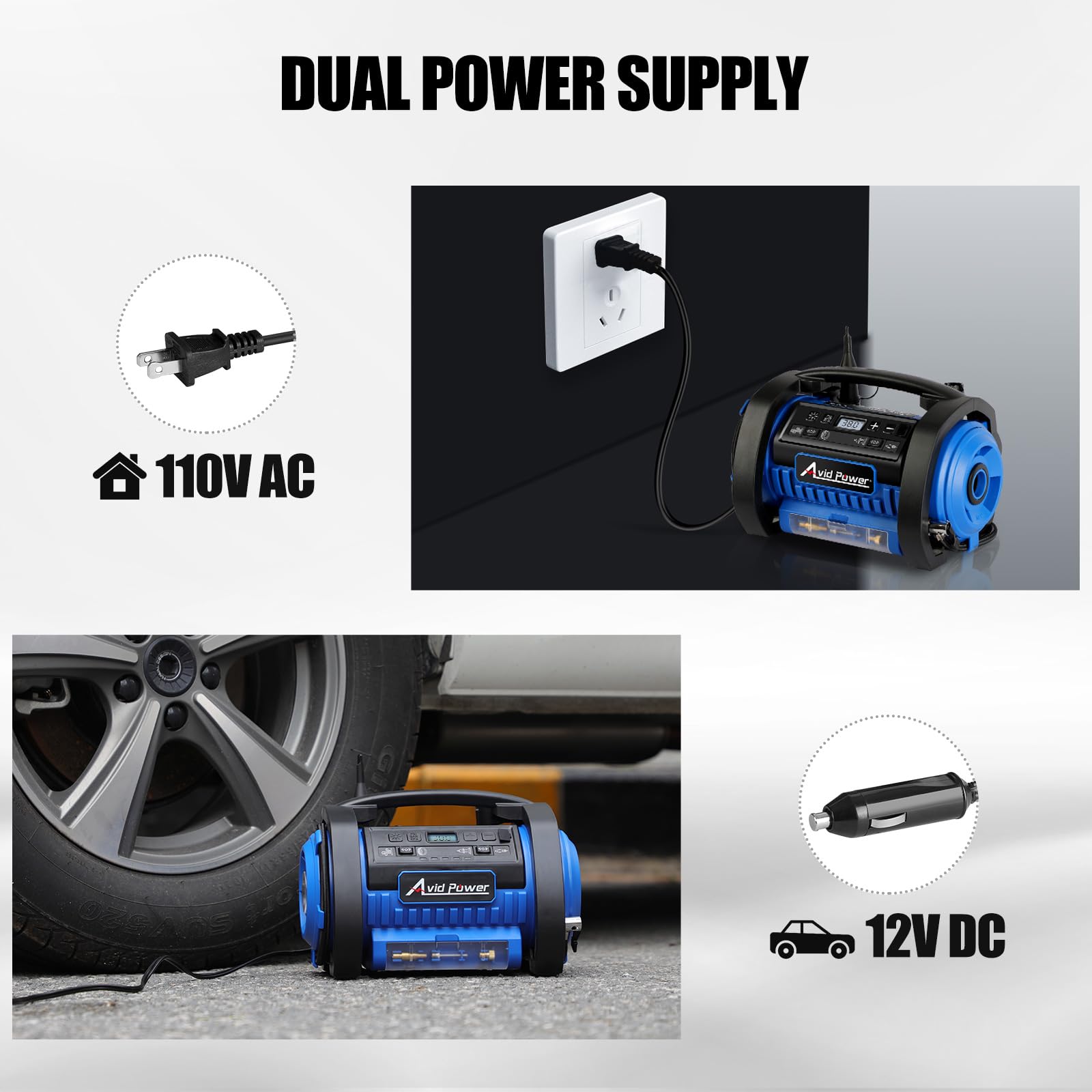 AVID POWER Portable Tire Inflator Air Compressor, 12V DC/120V AC, Dual Motors, Digital Gauge, Model ACAP322B, Blue