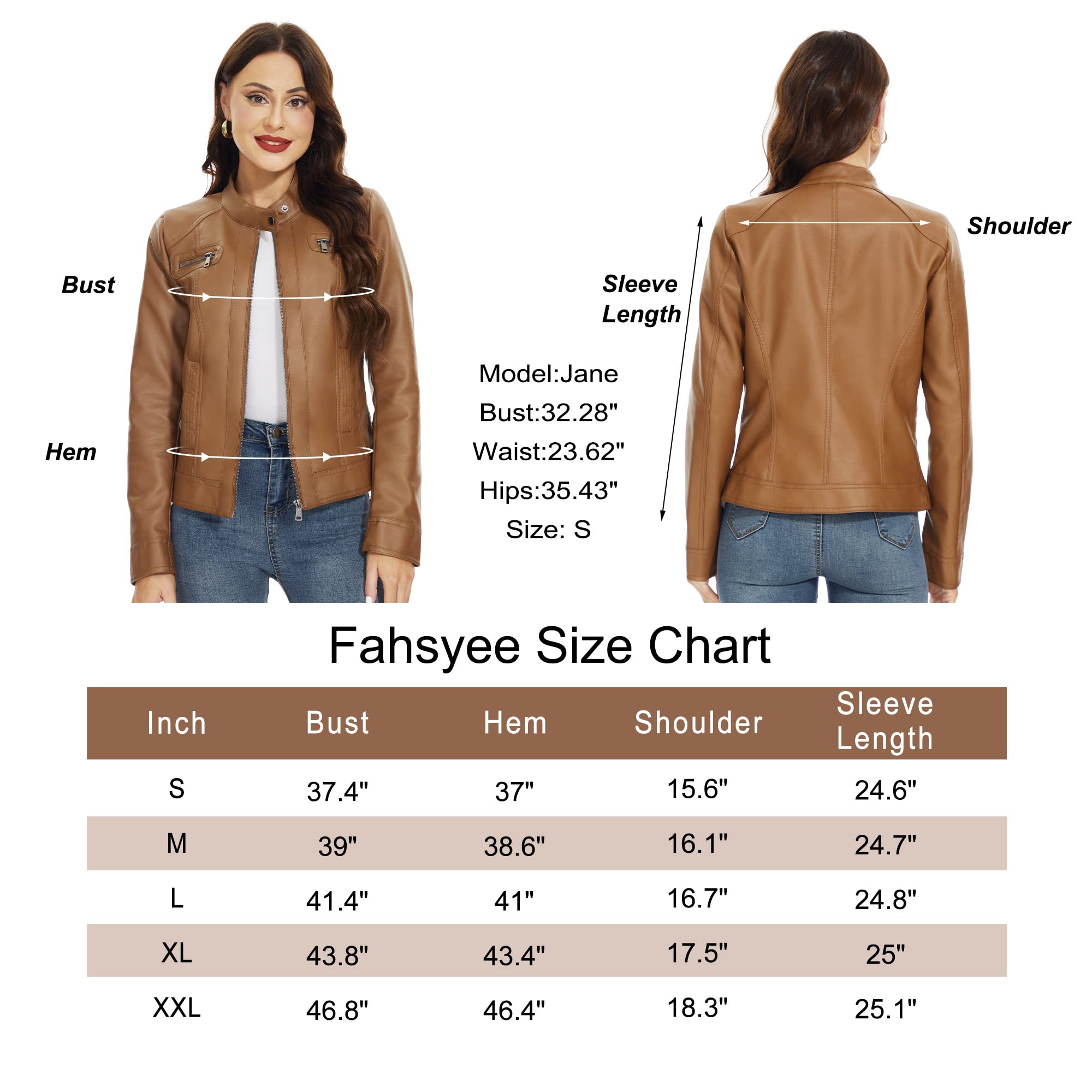 Fahsyee Womens Faux Leather Jackets, Zip Up Motorcycle Short Pu Moto Biker Outwear Fitted Slim Coat Size Xxl Camel