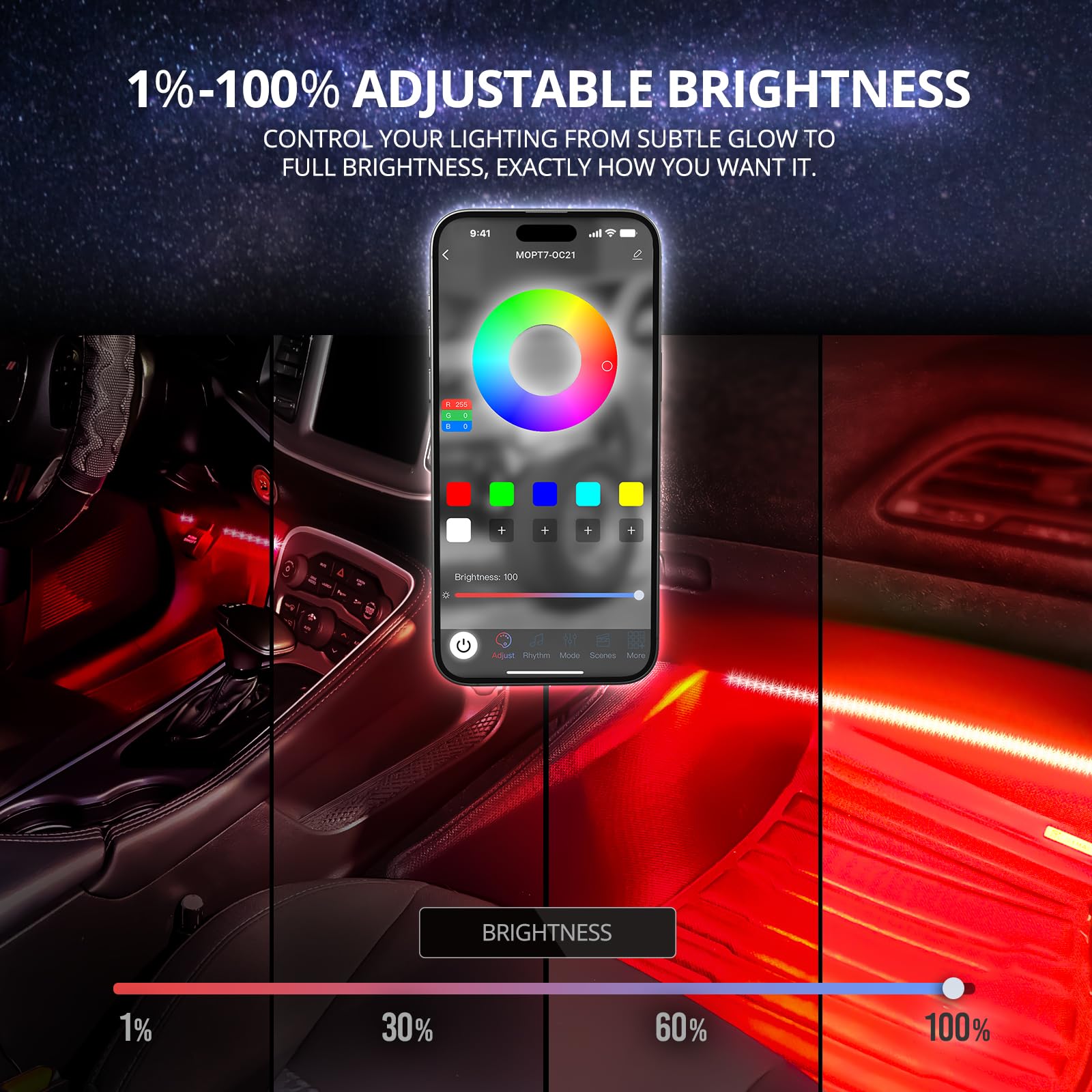OPT7 Aura Pro LED Interior Car Strip Lights Kit, 4PC Double Row, RGB, Sound Active, APP & Remote Control, Silicone, 12V Charger