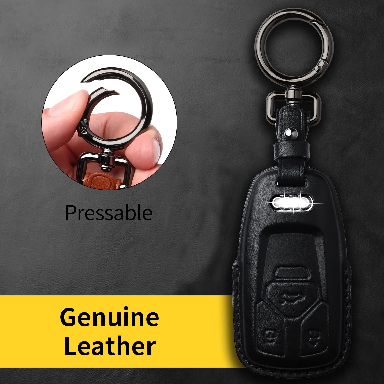 Tukellen Leather Key Fob Cover for Audi A4 Q5 Q7 TT A6 R8 S5 - Black, Genuine Leather with Keychain