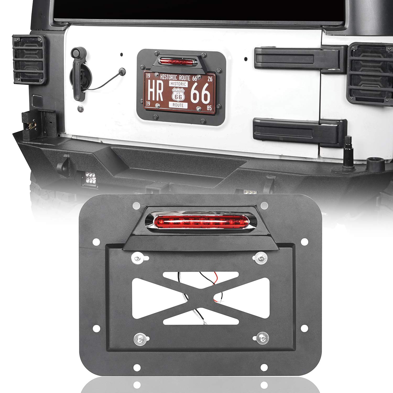 Hooke Road Wrangler Spare Tire Delete License Plate Relocation Kit w/Plate Illuminate Light & Third Brake Light for 2007-2018 Je