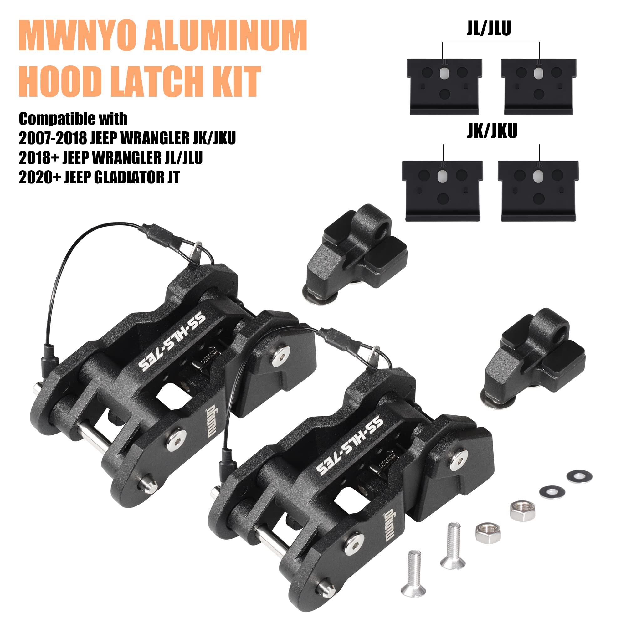 MWNYO Aluminum Hood Latches for Jeep Wrangler JK/JL/Gladiator, 6.6"x9.5", Black, Model MWNYO-HL220111, Patented Design