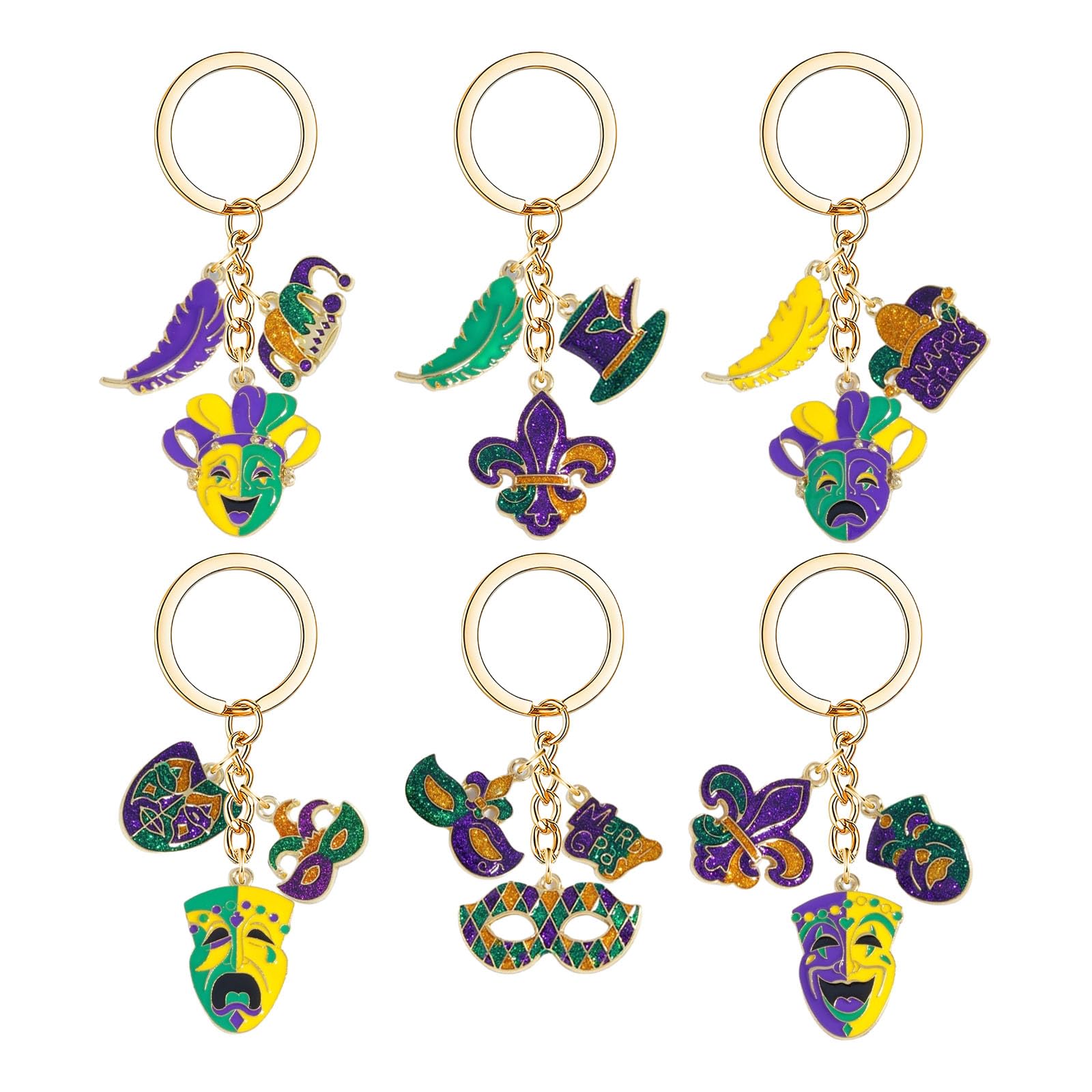coadipress 6 Pcs Mardi Gras Keychain, Carnival Mask Crown Fleur-de-lis New Orleans Themed Purse Charm for Handbags Keyrings (Cha