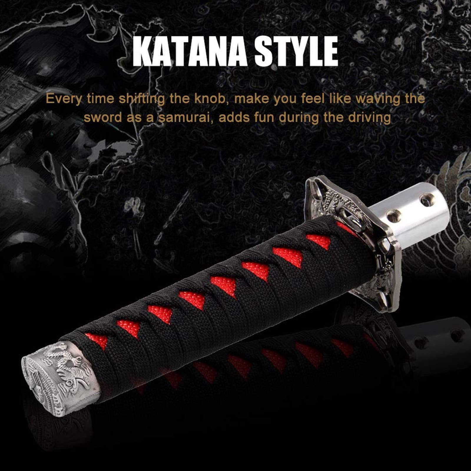 RYANSTAR Katana Shift Knob - Samurai Sword Gear Shifter, Black+Red, Wood Metal Silk, Model SK095, with 4 Adapters for Manual/Automatic Cars