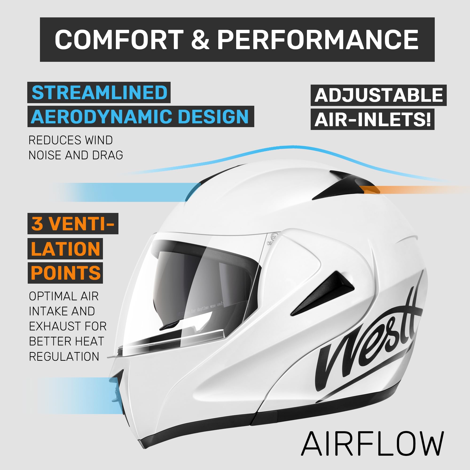Westt Modular Motorcycle Helmet - DOT Approved, Flip Up, Medium, White, ABS, Model W-103W-M