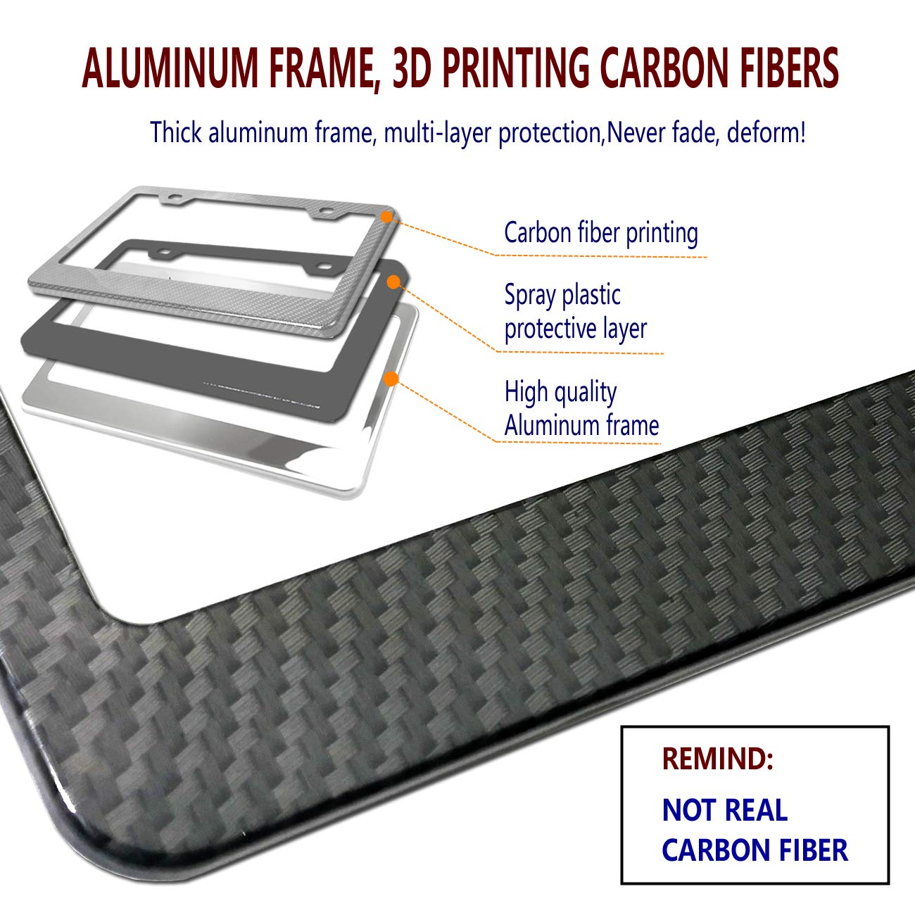 Aootf Carbon Fiber License Plate Frames - 2 Pack Black Aluminum 2 Holes Front & Rear Car Tag Cover Holder With Stainless Steel Screws, Caps And 2Pcs Anti-Rattle Foam Pads