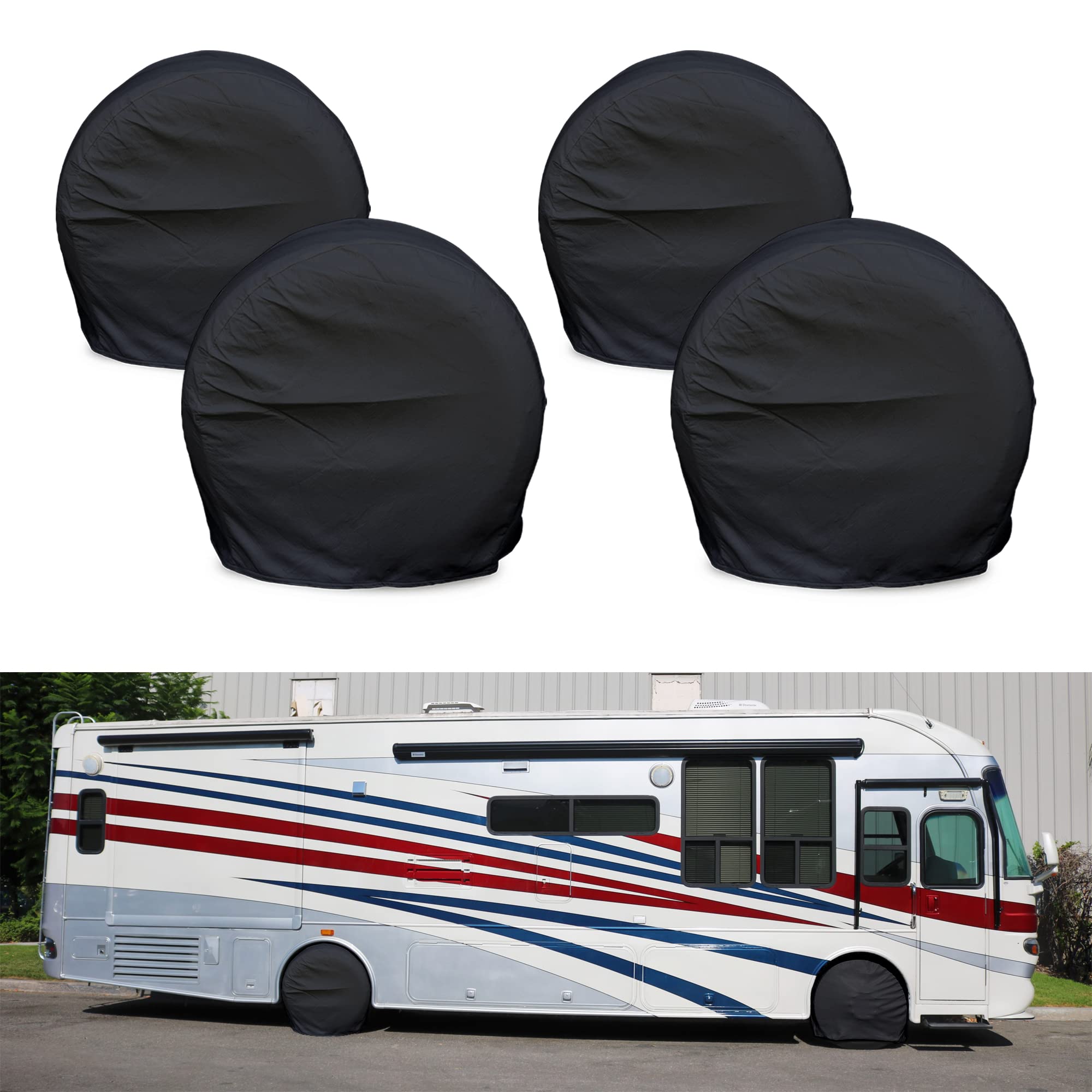 Leisure Coachworks Tire Covers For Rv Wheel Set Of 4, Motorhome Tire/Wheel Covers Waterproof Soft Vinyl Black Tire Protectors Ti