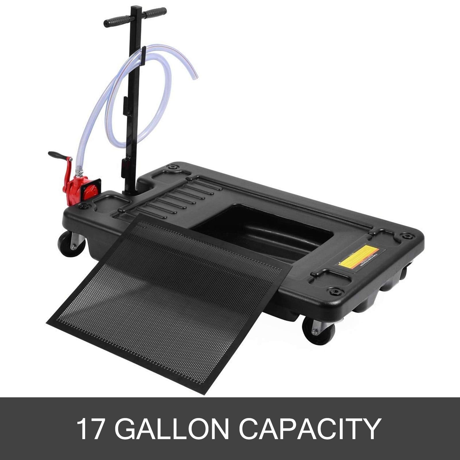 Bestauto Oil Drain Pan, 17 Gallon Oil Drain Pan with Pump, 64L Low Profile Oil Drain Pan with 8' Hose & Swivel Casters for SUV C