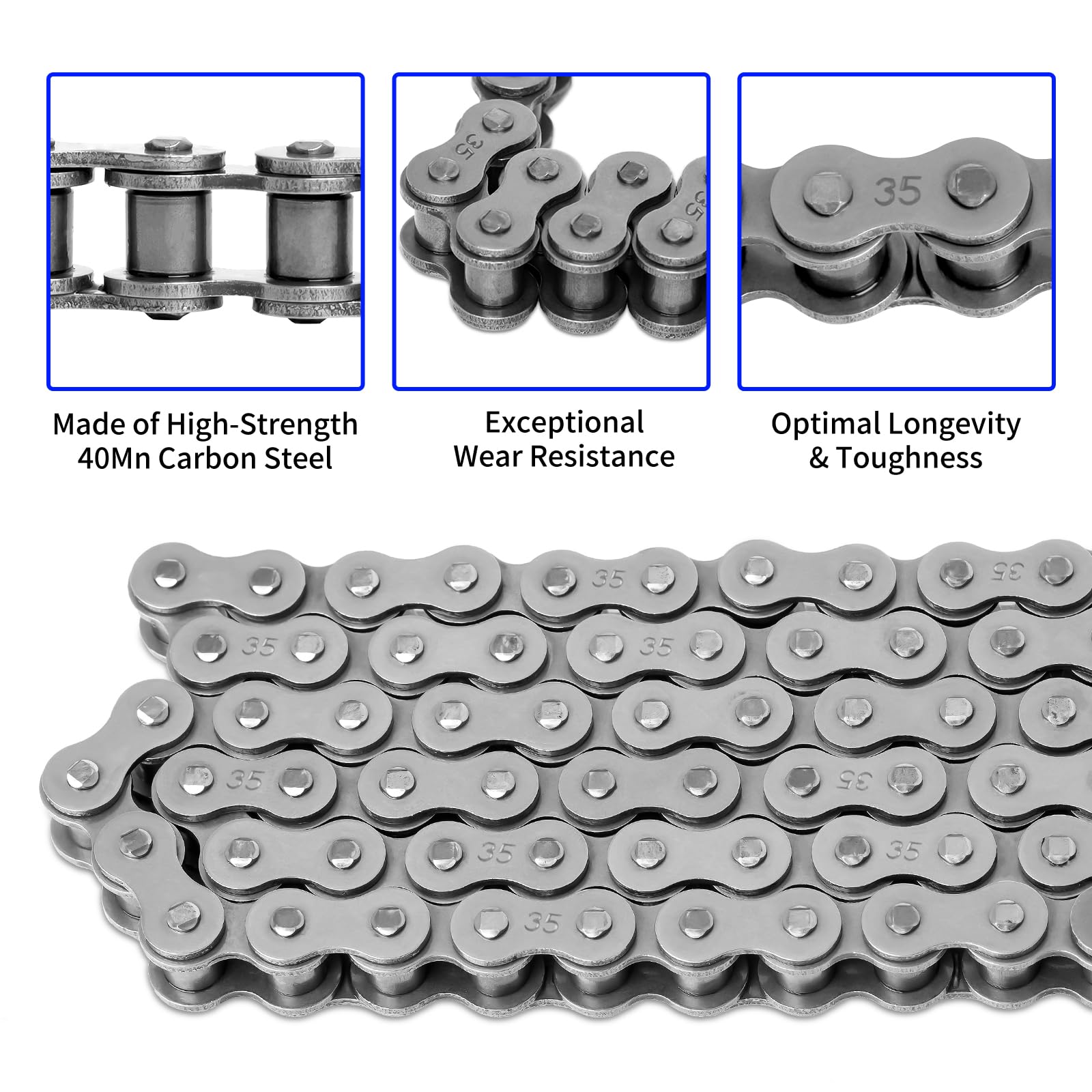 Belleone #35 Roller Chain, 5 Feet 35 Chain With 5 Master Links, Chain Breaker- Carbon Steel Chain For Mini Bike, Go Kart, Motorc