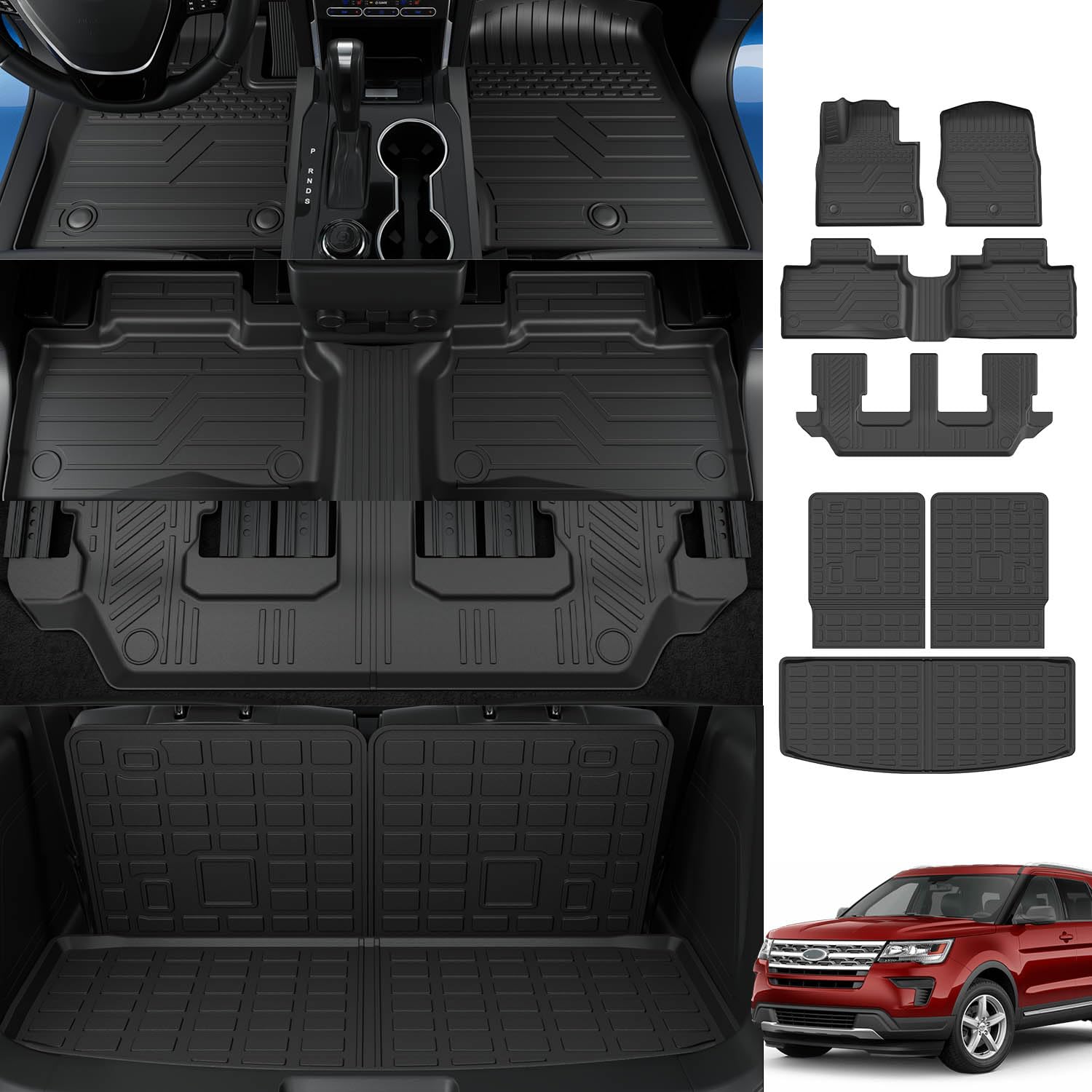 Powoq 7 Seats Floor Mat Compatible With 2020-2025 Ford Explorer Cargo Mat Trunk Cargo Liner Tpe Backrest Floor Liner Replacement