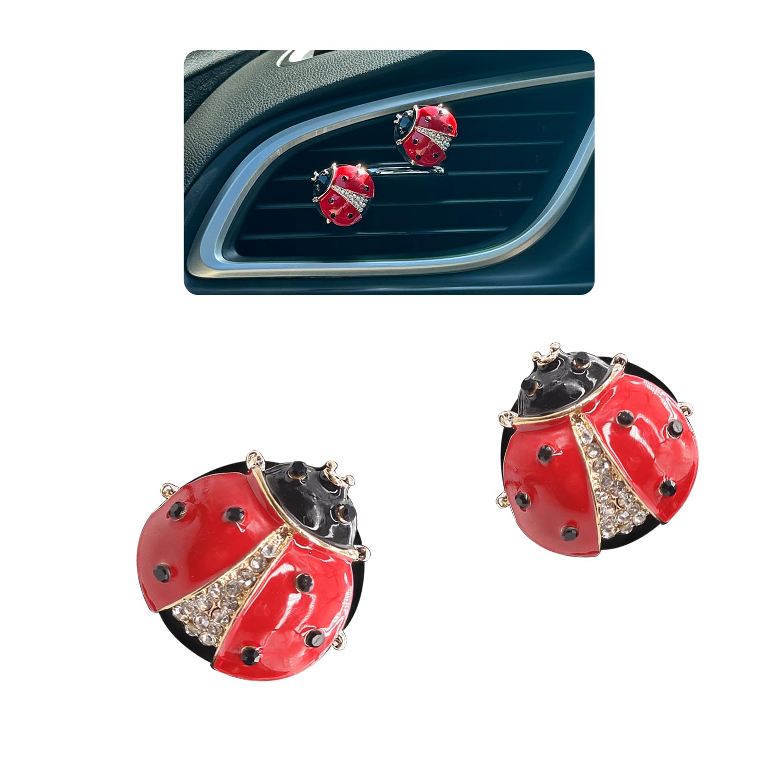 ORIESSE Ladybug Car Decor,2pcs Bling Lady Bug Air Vent Clips Car Air Freshener,Cute Red Car Accessories Gift for Women,Refillabl