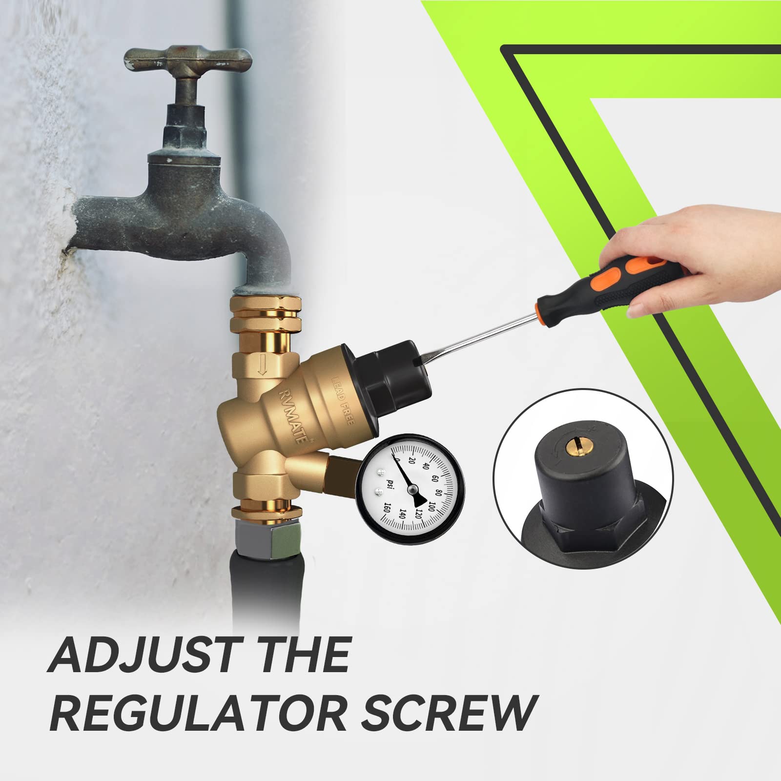 Rvmate Rv Water Pressure Regulator, Brass Lead-Free Water Pressure Reducer Kit, Adjustable Valve With Inlet Screen Filter, For C