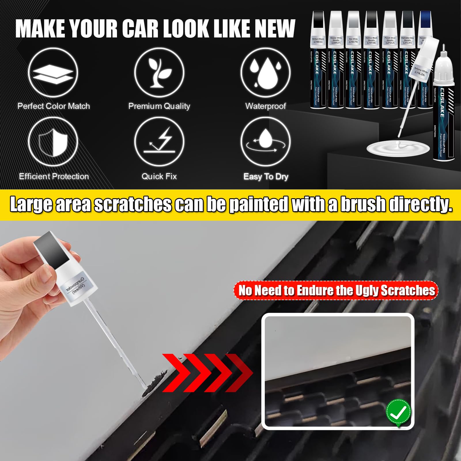 Coslake Car Touch Up Paint(Brilliant Black(Ly9B/A2)) For Audi, Car Paint Scratch Repair Kit, Quick & Easy Solution To Repair, 2