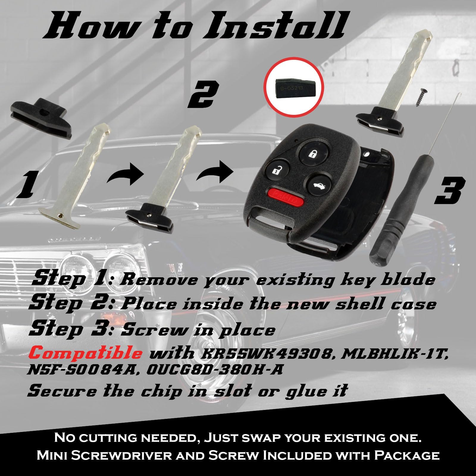 Cutting Not Required - Key Fob Keyless Entry Remote Shell Case & Pad Fits Honda 2003-2012 Accord / 2006-2013 Civic Ex / 2009-201