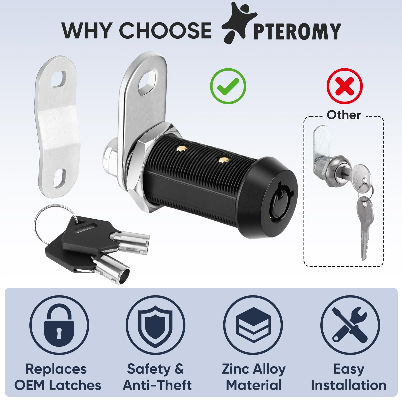 Pteromy 5 Pack Heavy Duty Cabinet Lock With Keys, Black, 7/8'' Tubular Cam Lock For Rv Compartment Storage Locks, Complete Set W