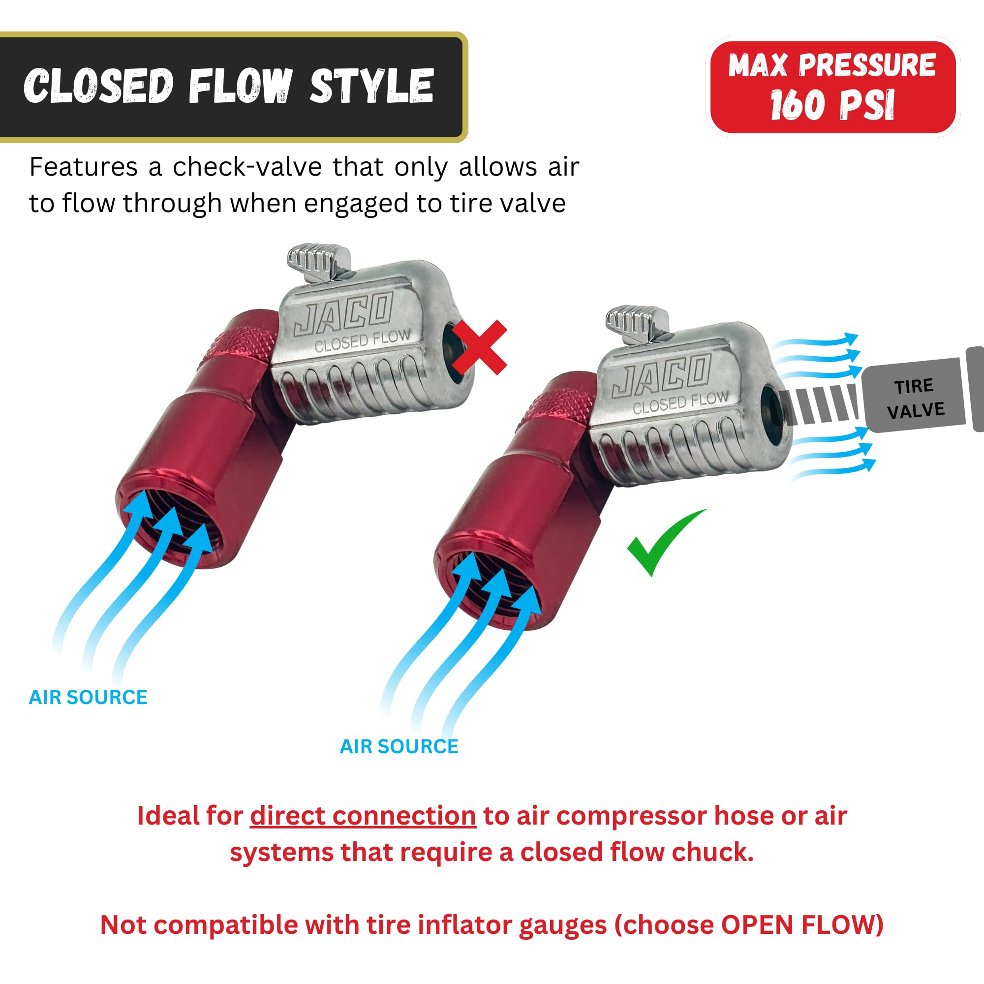 JACO Superior Products Lightning L2-Series Tire Air Chuck - 1/4" F-NPT, Closed Flow, 1-Pack