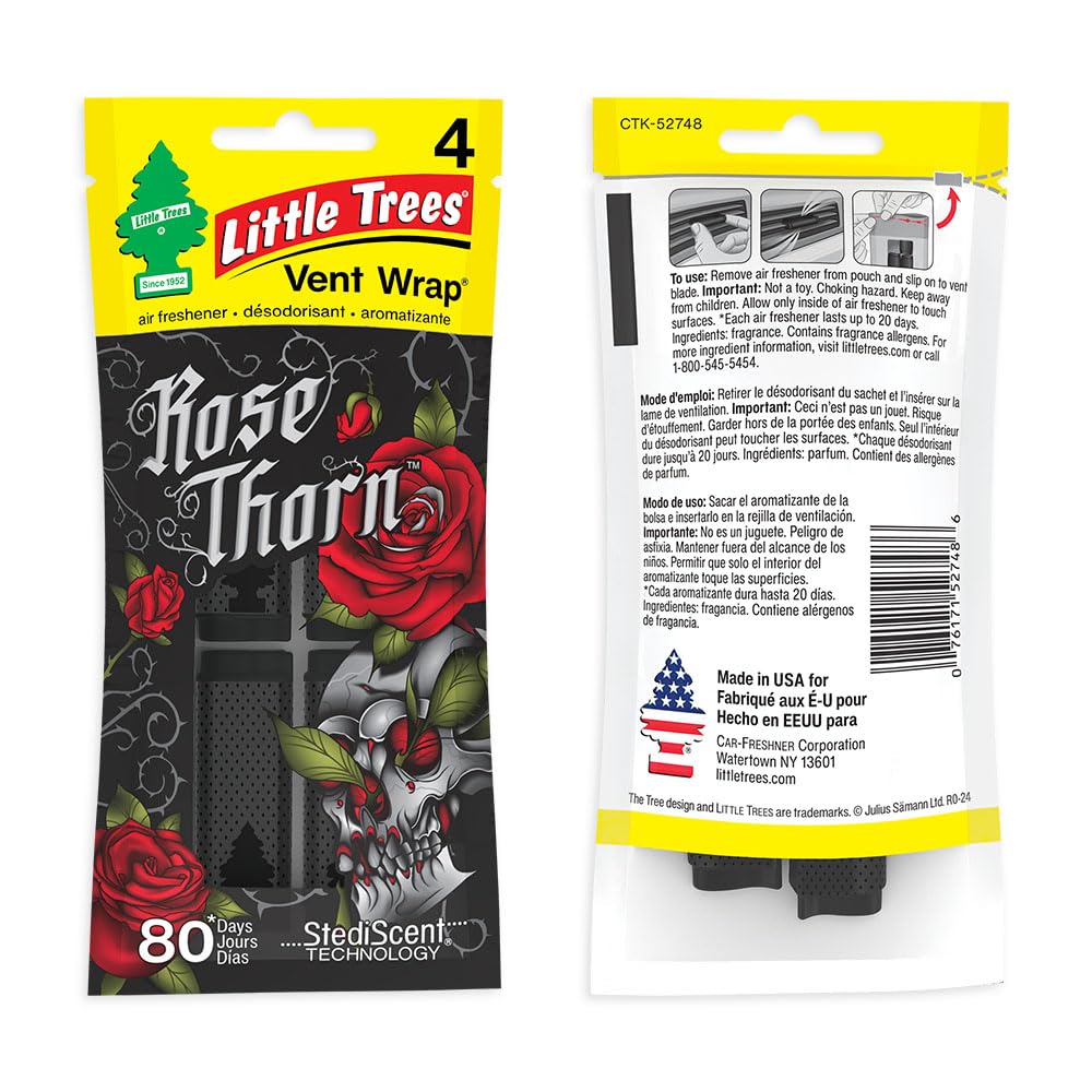 Little Trees Car Air Freshener | Vent Wrap Provides Long-Lasting Scent, Invisibly Fresh! | Rose Thorn, 16 Air Fresheners