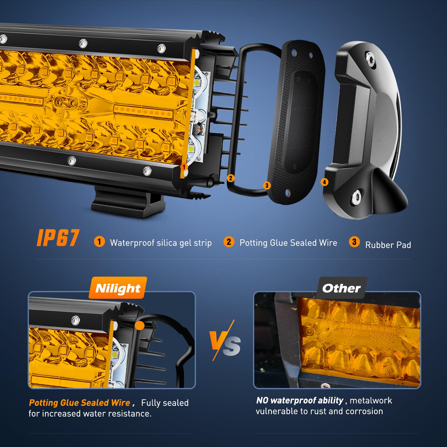 Nilight LED Light Bar 2PCS 6.5" Amber 120W Spot Flood Combo, Waterproof, Model ZH704, with Wiring Harness & 2-Year Warranty