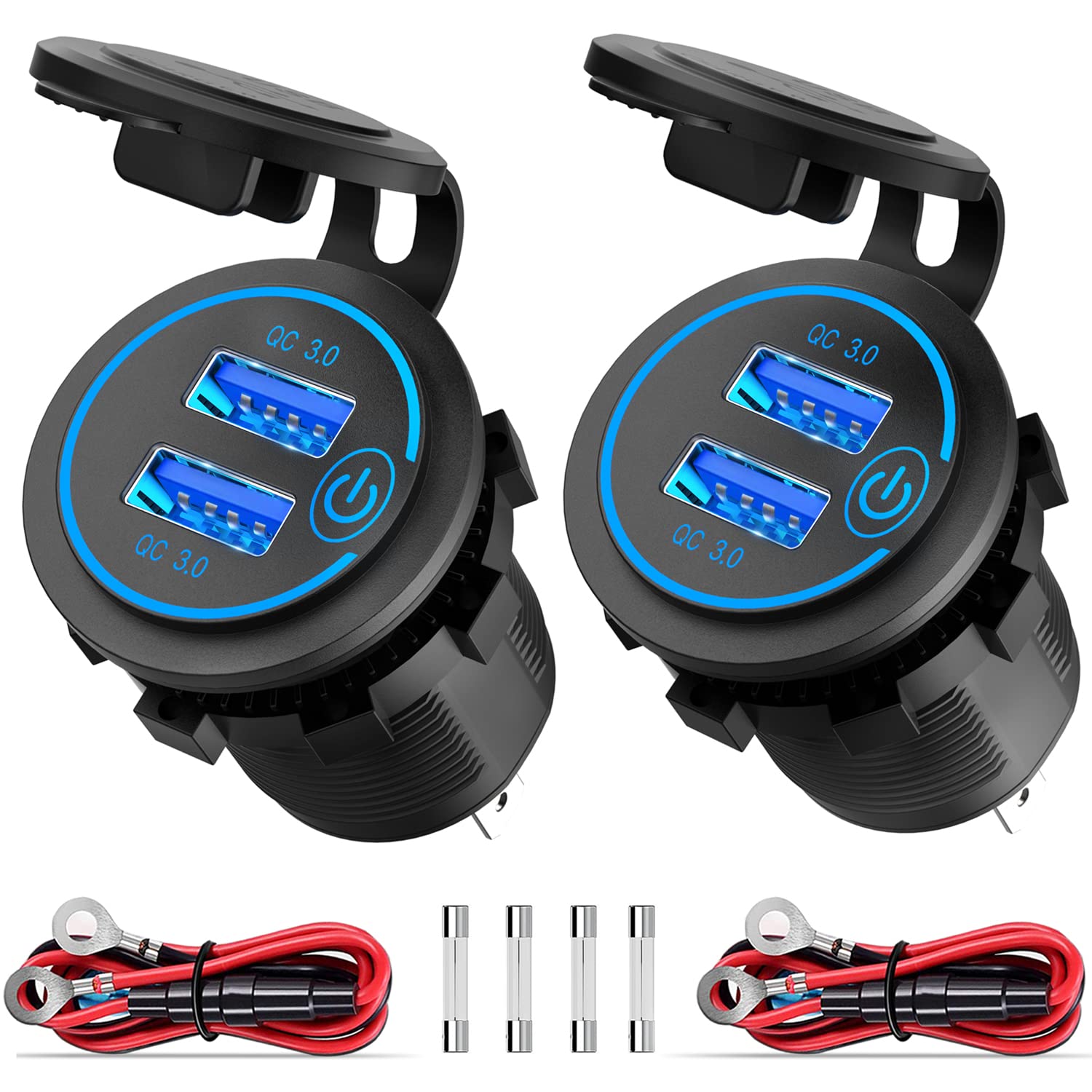 [2 Pack] 12V Usb Outlet, Quick Charge 3.0 Dual Usb Power Outlet With Touch Switch, Waterproof 12V/24V Fast Charge Usb Charger So
