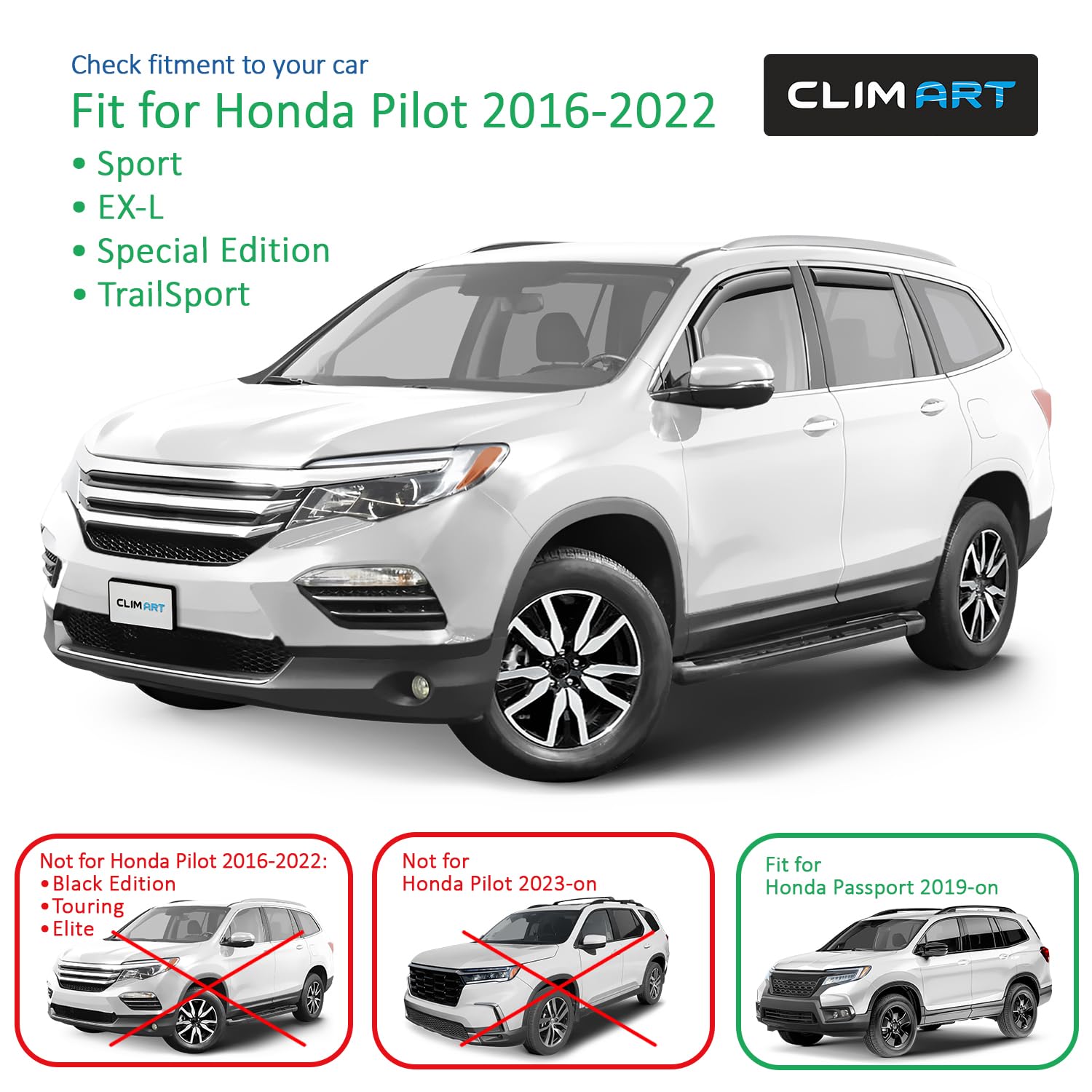 Clim Art In-Channel Incredibly Durable Rain Guards For Pilot 2016-2022, Original Window Deflectors,Vent Deflector,Vent Window Vi
