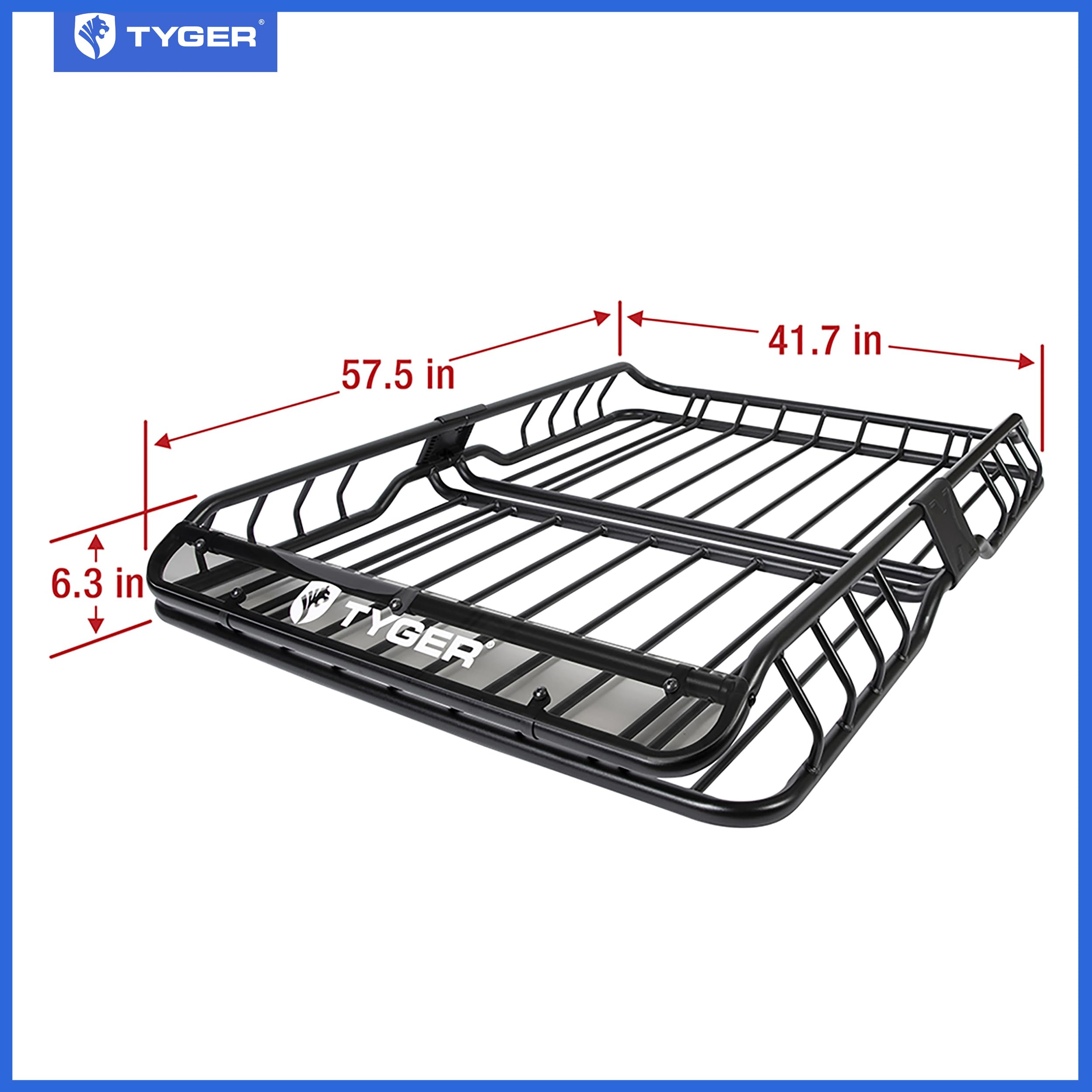 Tyger Auto Heavy Duty Roof Cargo Basket Rack, L57.5" x W42" x H6", Black, Alloy Steel, Model TG-RK1B942B, with Wind Fairing