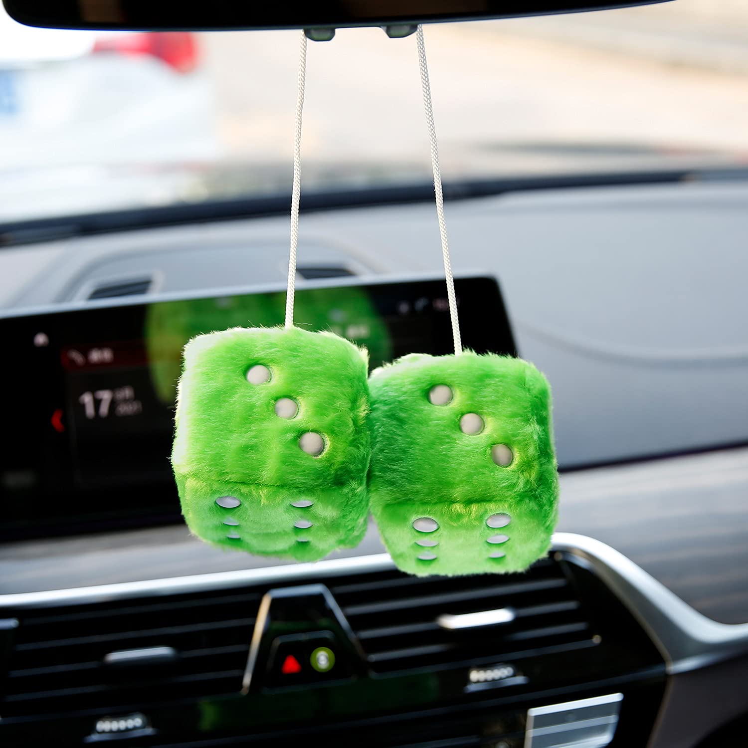 YGMONER Plush Fuzzy Dice for Car Decoration - Retro Square Design, Green Fabric, Hanging Couple Style