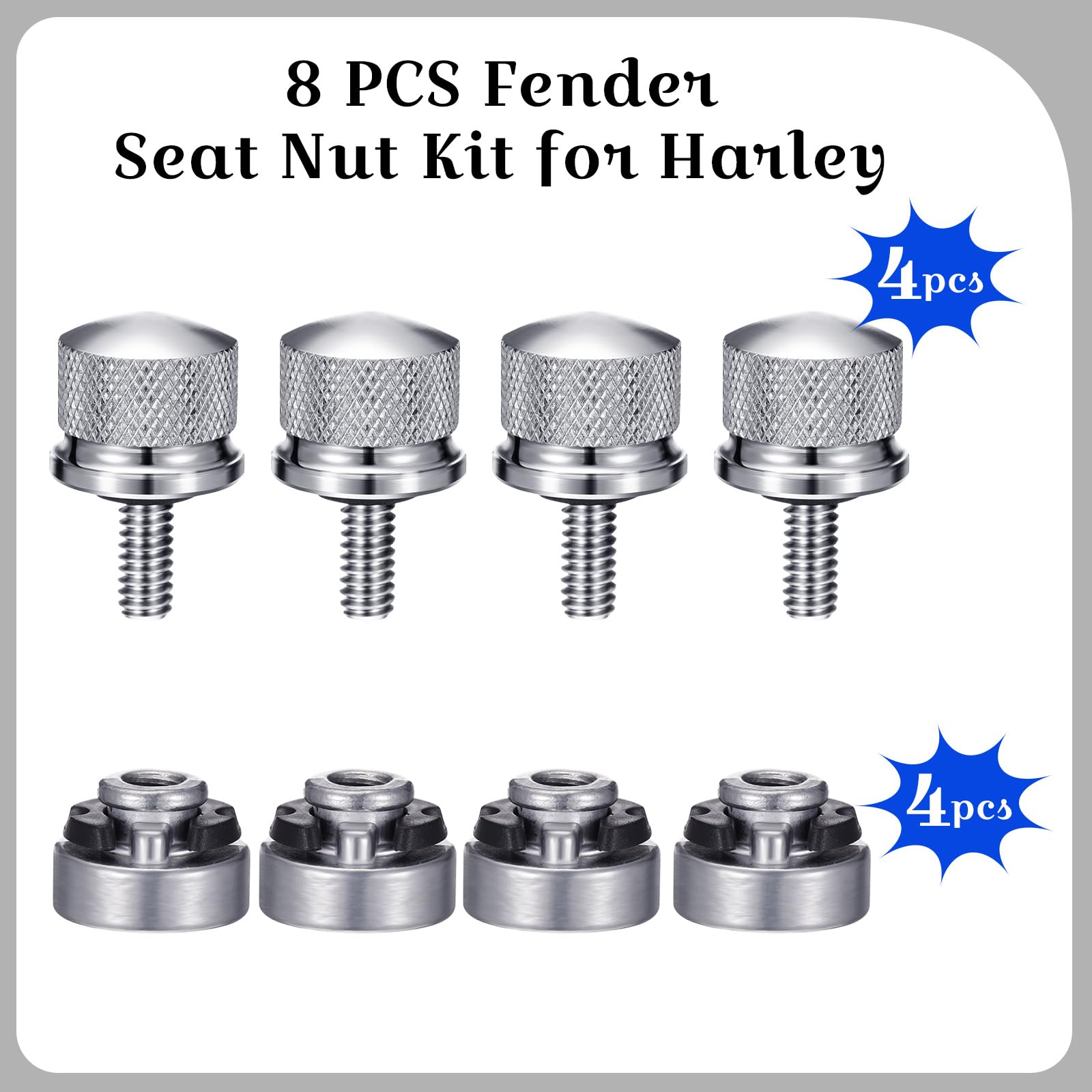 Therwen 8 Pcs Silver Seat Bolt Screw Nut Kit, 1/4-20 Thread, Compatible with Harley-Davidson Sportster, Softail, Touring, Dyna