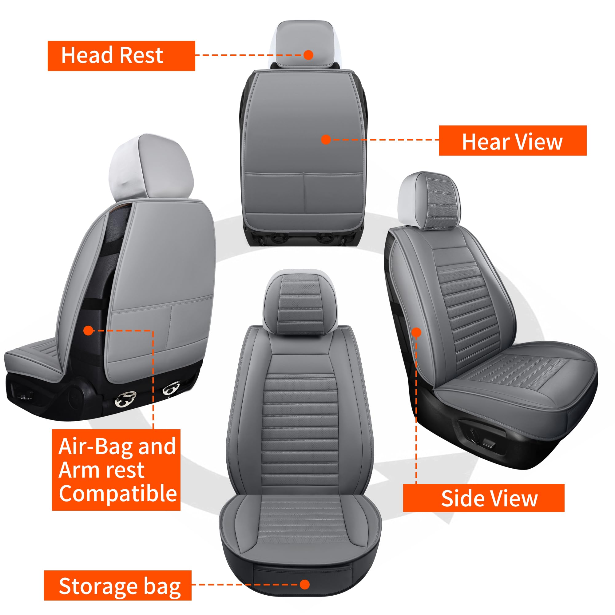 HChengkikz Car Seat Covers, Waterproof Leather Front Seat Protectors, Style2 Gray, Universal Fit for Cars, SUVs, Trucks (2 PCS)