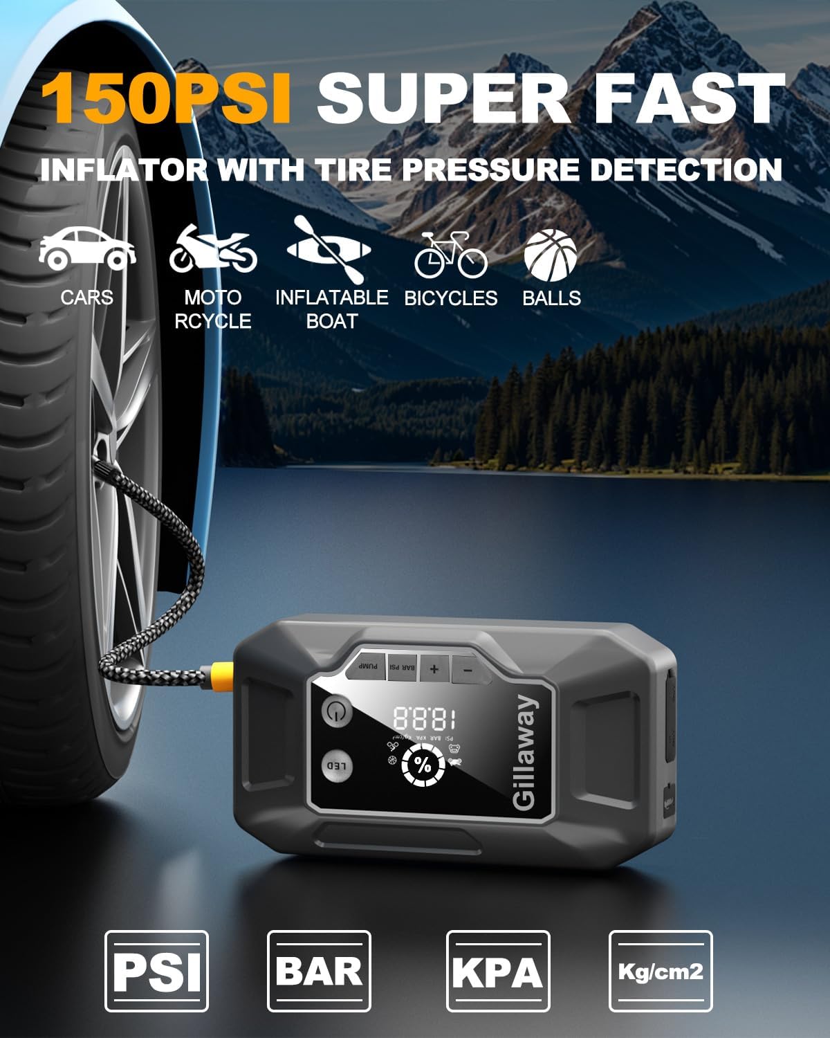 Q11 4500A Car Jump Starter With Air Compressor Combo 150Psi, Portable Car Battery Jump Starter Battery Pack (10L Gas/8.0L Diesel