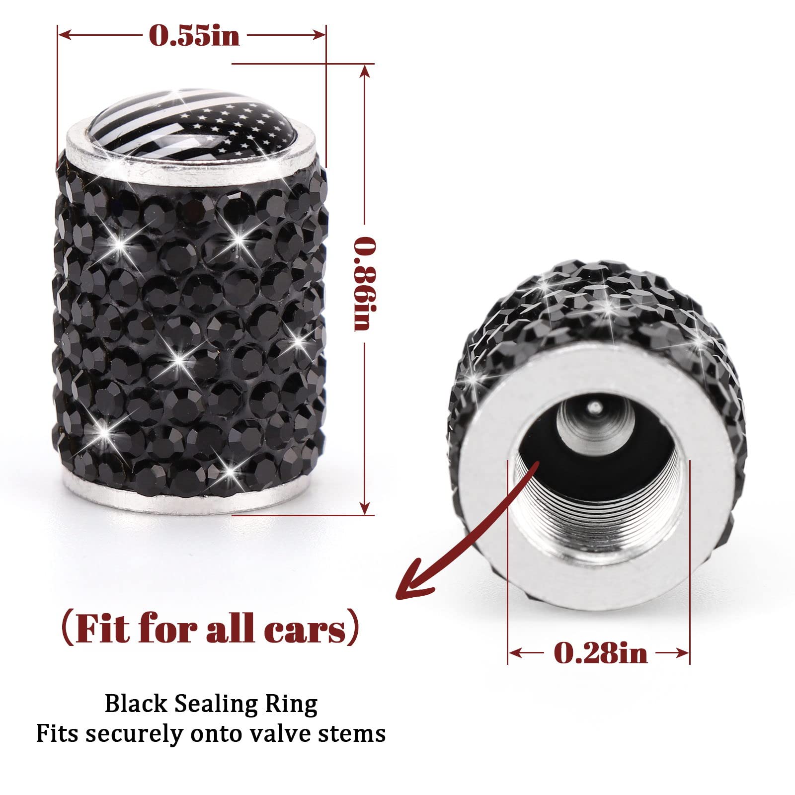 ToBeQueen Bling Black Flag Valve Stem Covers - 4 Pack Crystal Rhinestone Tire Caps for Car/SUV/Motorcycle/Bike - Black American Flag