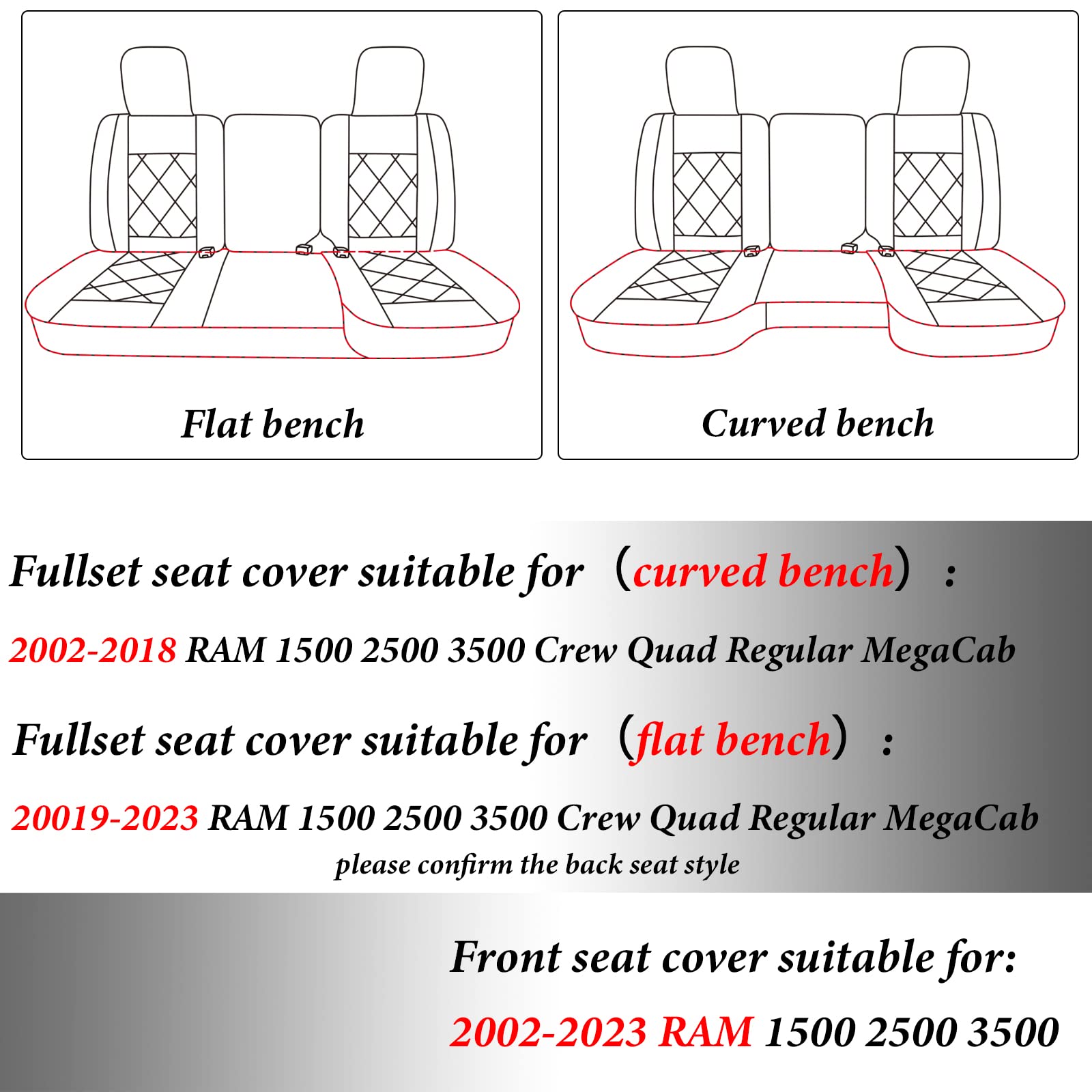 Coverado Car Seat Covers Full Set, Dodge Ram Seat Cover Waterproof Leather Protector Fit 2002-2023 1500 2010-2023 2500 3500 Truc