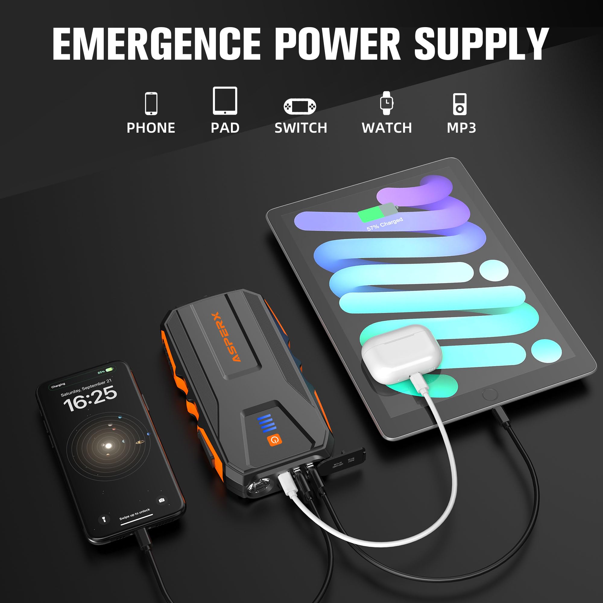 AsperX 3000A Portable Jump Starter for 12V Car Battery, LED Light, Smart Cables, Model AX3150, Orange