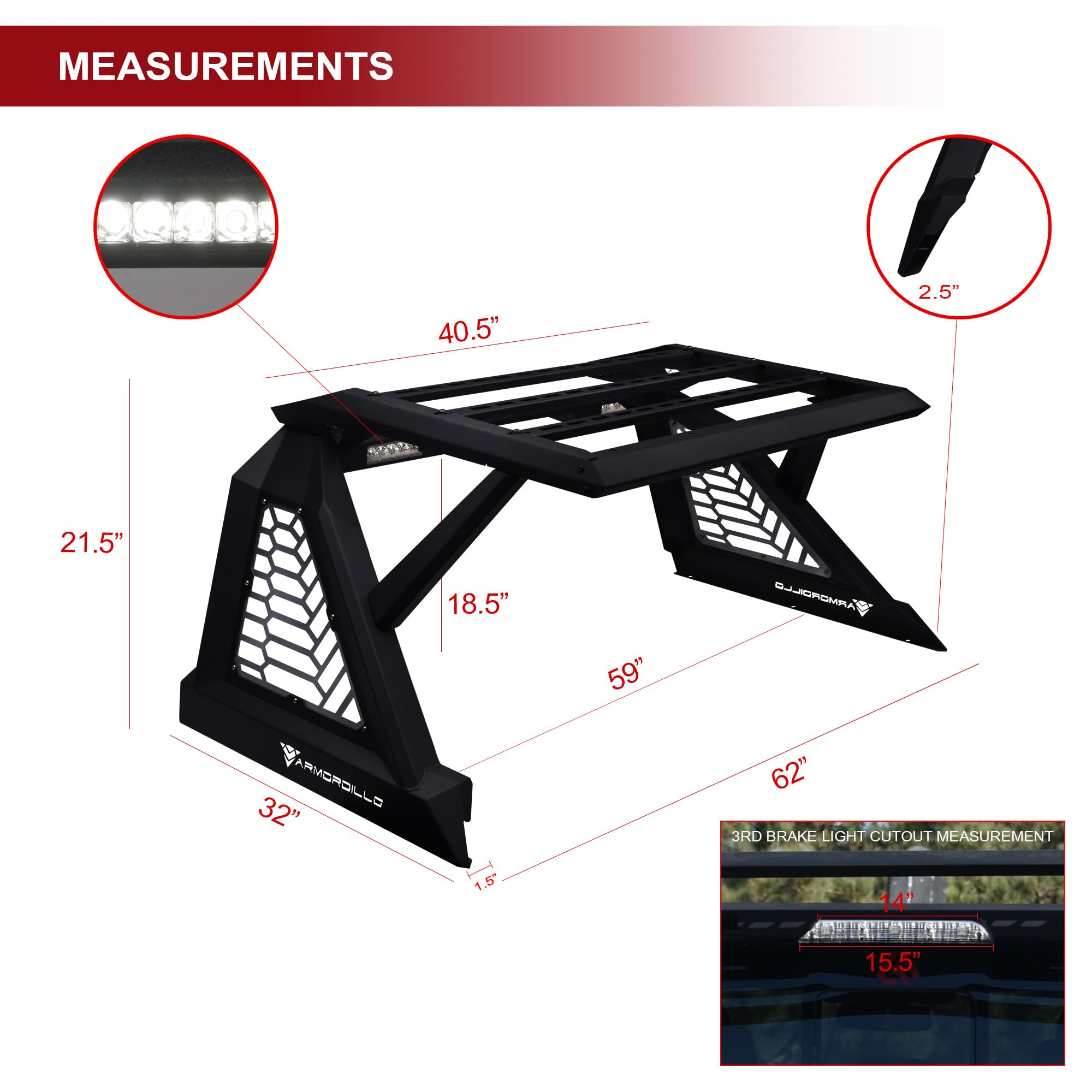 Armordillo Crx Roll Bar Chase Rack For 1/2 Ton Full Size Trucks|With Cargo Basket|2X Led Light Lamps|04-24 F150 F-150|07-18 Silv