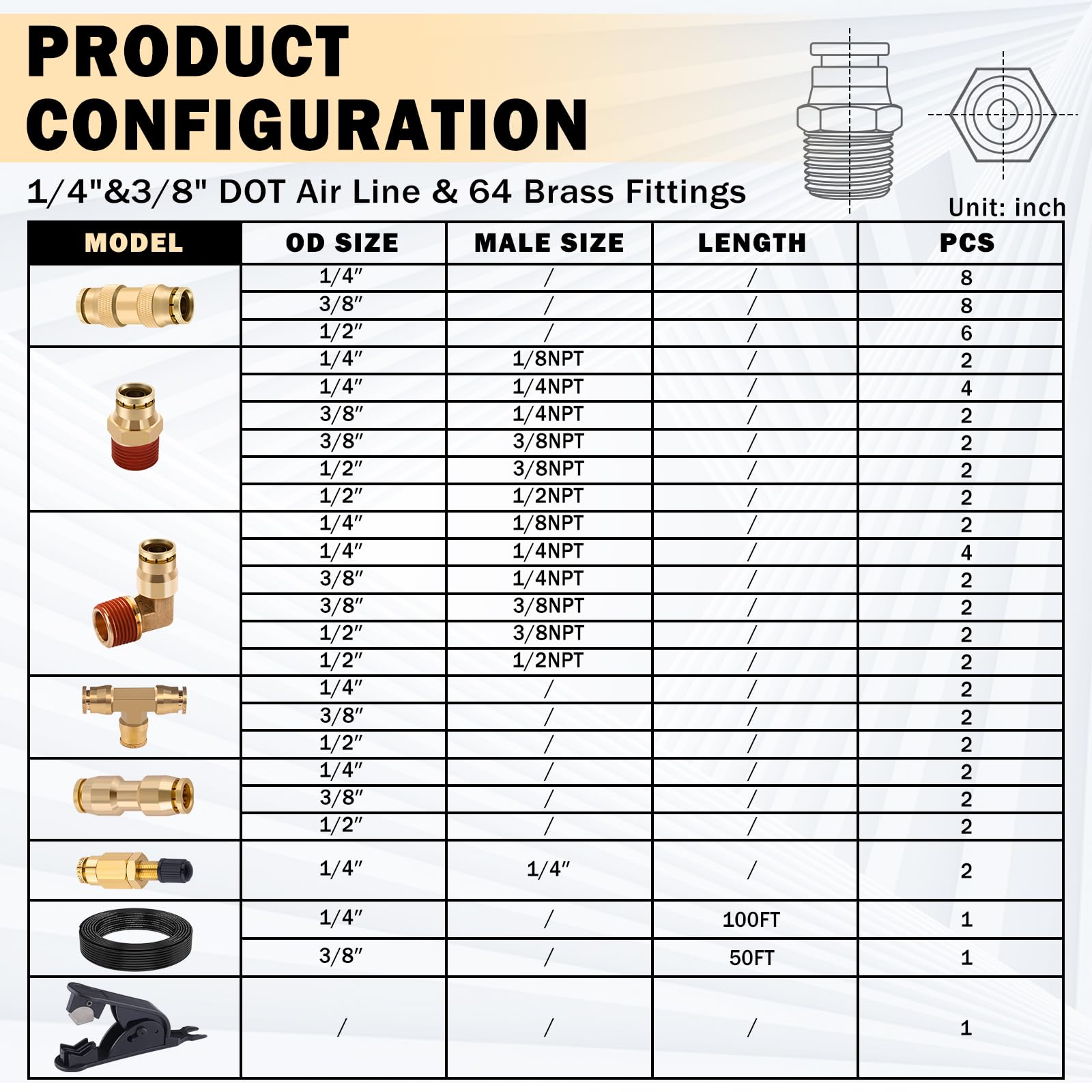 CheeMuii Brass DOT Air Line Fittings Kit - 64 PCS with 100FT 1/4" & 50FT 3/8" Tubing, Push Lock Quick Connect,