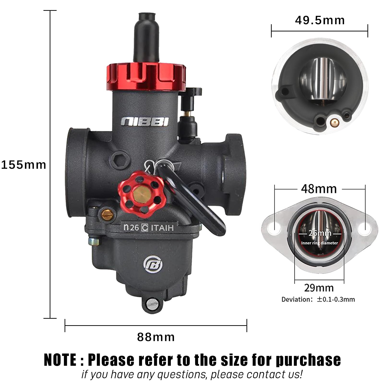 NIBBI PE26 Carburetor Kit, 26mm carbureto with Carb Jets - Fit for 150cc 190cc 200cc Dirt Bike Pit Bike Apollo TaoTao Lifan Kayo