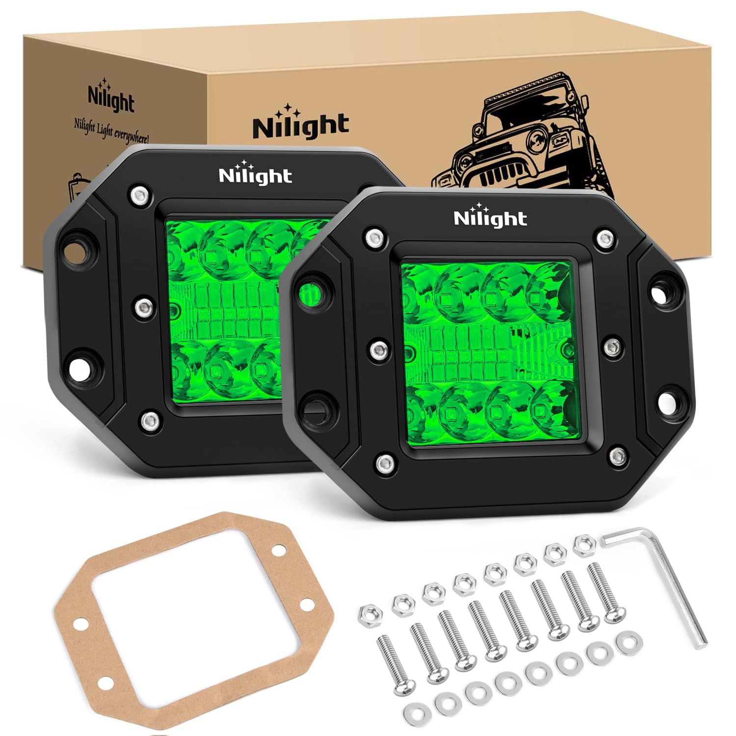 Nilight Flush Mount Led Light Pods 2 Pcs 42 W Green Upgraded Spot Flood Combo Bumper Driving Fog Fishing Hunting Emergency Safet
