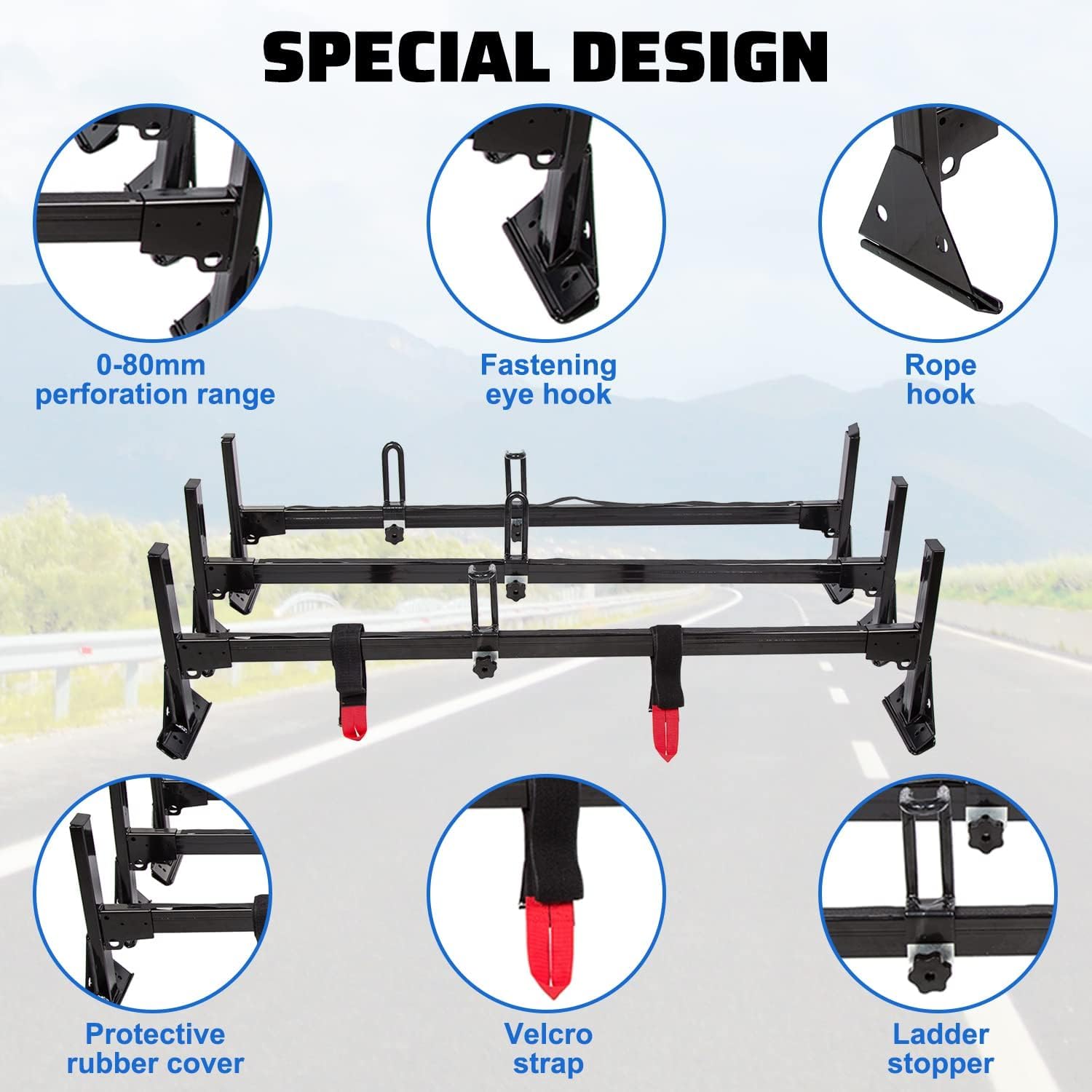 ECOTRIC 3 Bar Roof Ladder Racks, 59" Alloy Steel, Black, Compatible with 1996-Up Chevy Express, 800 LBS Capacity