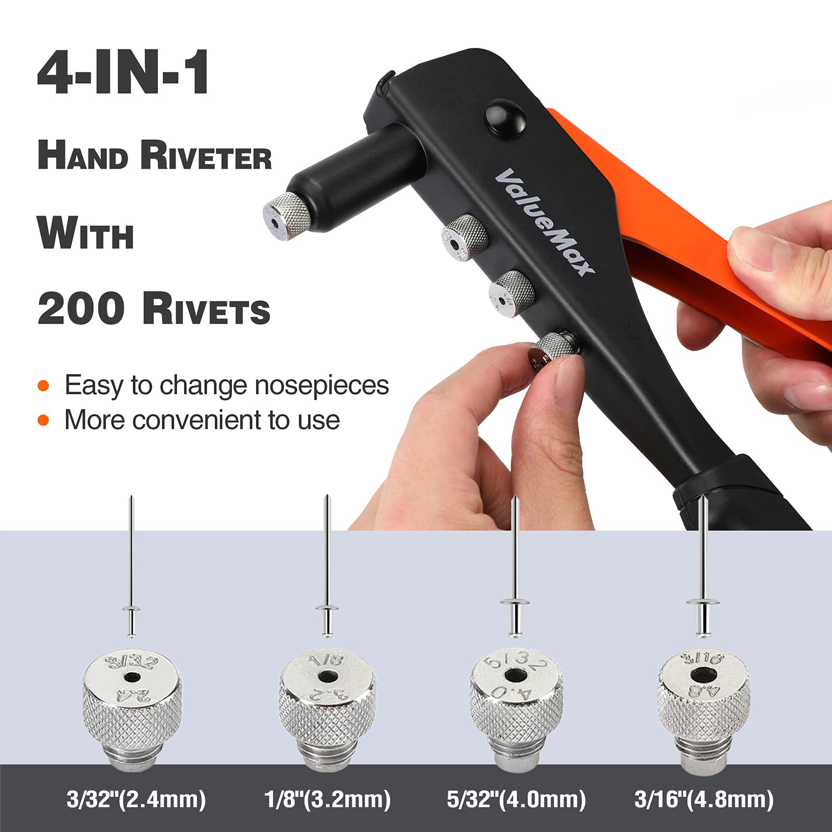 Valuemax 4-In-1 Hand Riveter/Rivet Gun, Pop Rivet Tool Kit With 200 Rivets - 3/32-Inch, 1/8-Inch, 5/32-Inch, 3/16-Inch, 4 Interc