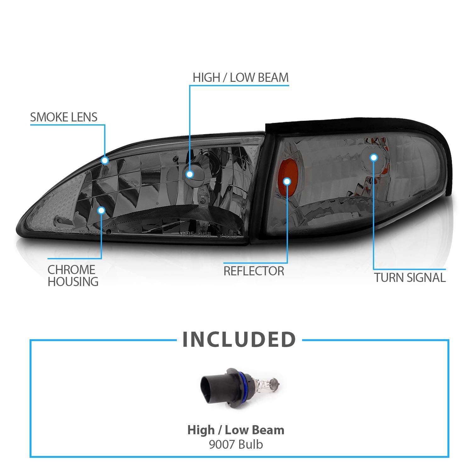 AmeriLite Smoke Headlights Corner Turn Signal Set for 94-98 Ford Mustang - Driver & Passenger Side