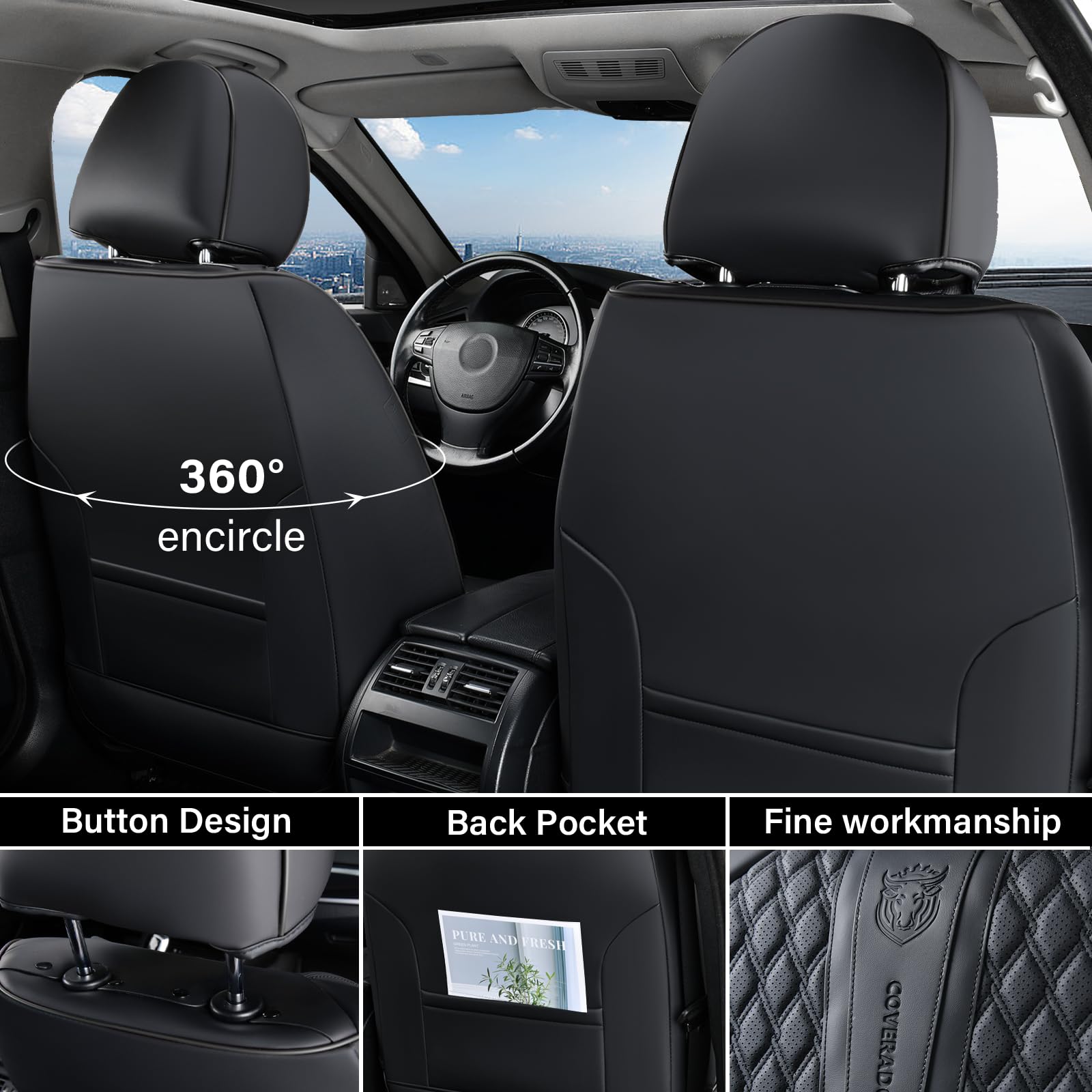 Coverado Car Seat Covers Full Set, Black Seat Covers for Car with Lumbar Support, Nappa Leather Seat Covers Waterproof Car Seat