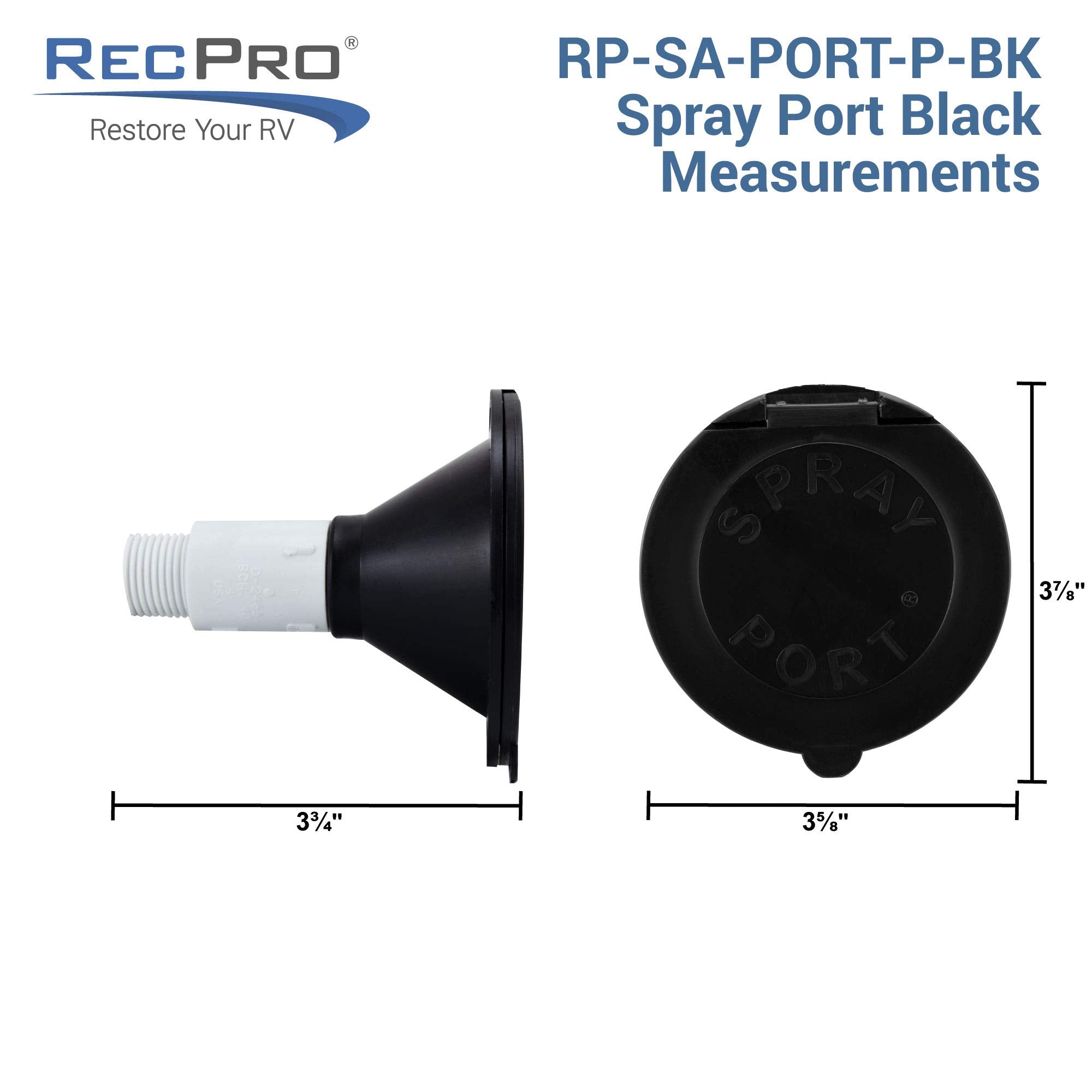 RecPro RV Exterior Spray Port Connector, Brass, Black, Model RP-SA-PORT-P, Optional Hose with Sprayer or Quick Connector, Port Only