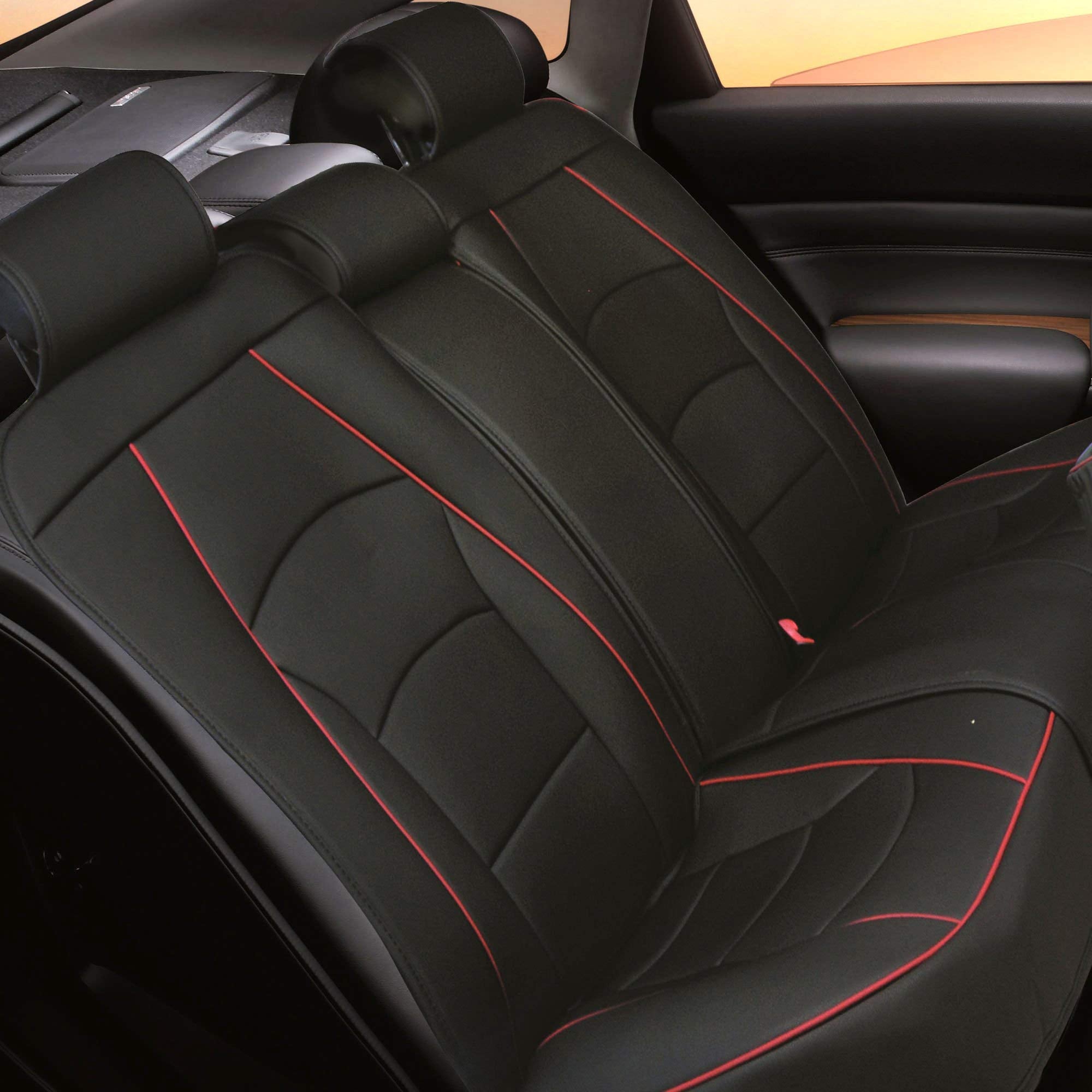 FH Group Ultra Comfort Faux Leather Car Seat Cushions - Universal Fit for Cars, Trucks & SUVs - Black Red Trim - Model PU205115