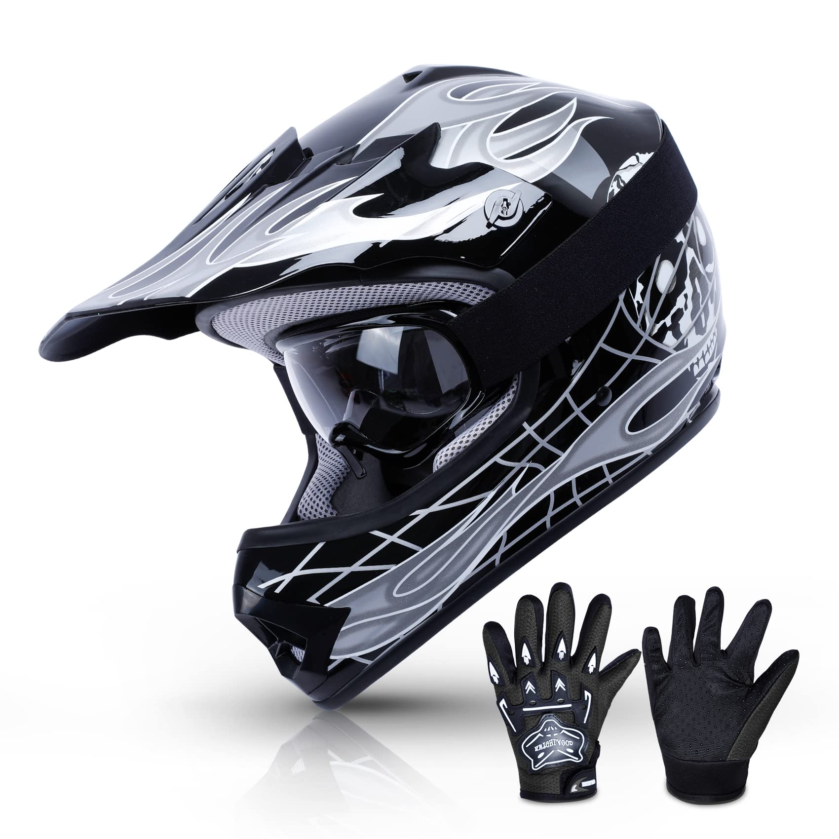 TCMT Youth X-Large Motocross Helmet Set - Black Skull Pattern, ABS Material, Includes Goggles & Gloves