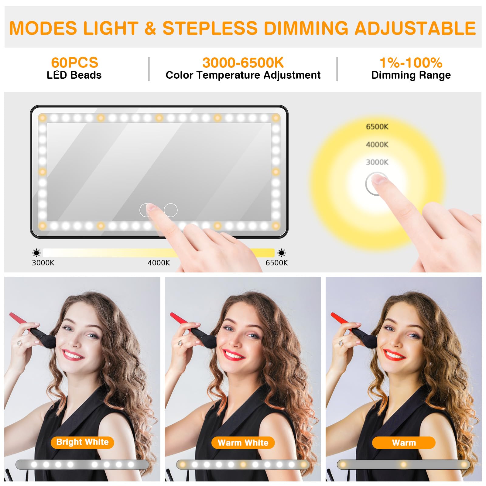 Car Vanity Mirror, Rechargeable Makeup Car Visor Mirror, 60 Leds & 3 Light Modes, Visor Vanity Mirror With Touch On Screen, Shading Cosmetic Mirror, Universal Vanity Mirror For Car Truck Suv(Black)