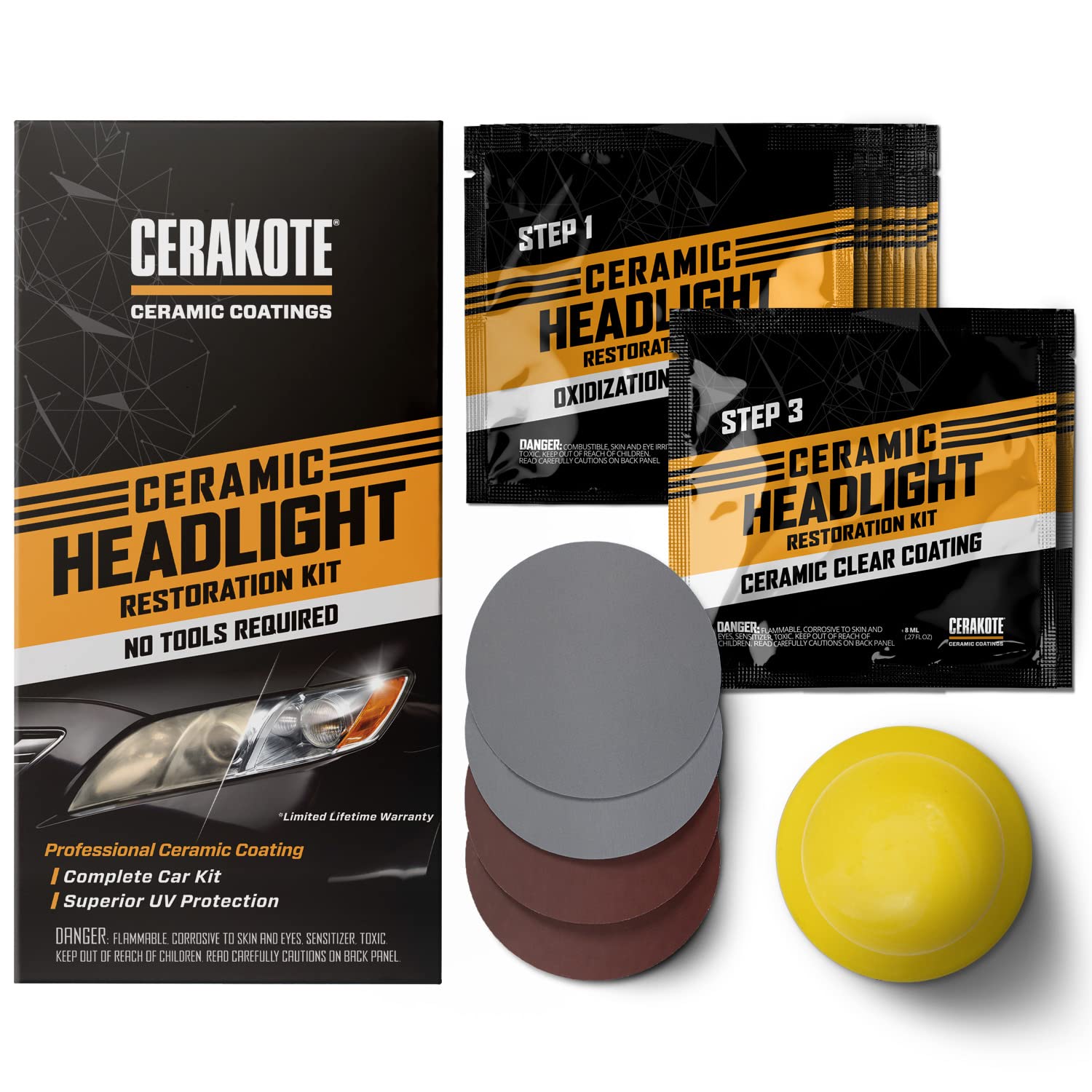 CERAKOTE® Headlight Restoration Kit - 1 Vehicle Kit - Lasts As Long As You Own Your Vehicle - Black - Easy 3-Step Process