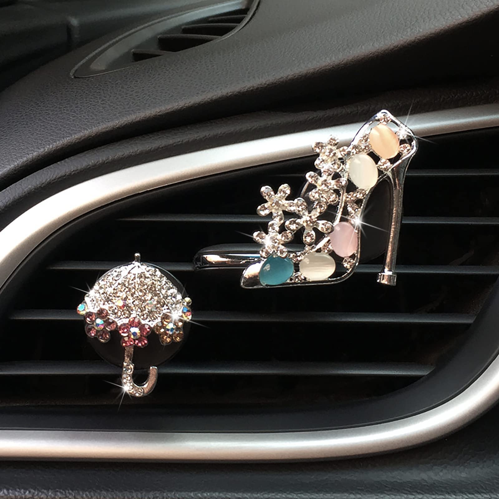 2 Pieces Crystal High Heel Shoe And Umbrella Air Vent Clips Rhinestone Car Air Freshener Clip Bling Pearl Car Clip Gift Decorati