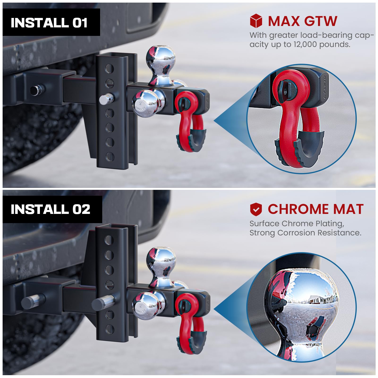 Ayleid Tri-Ball Trailer Hitch Mount with Anti-Theft Lock, Fits 2-in Receiver, Adjustable Shackle, C-Adjustable